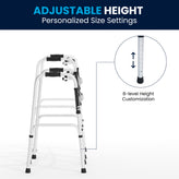 HERCULES Folding Walker with Adjustable Height, Interchangeable Wheels or Feet, Dual Frame Types, and Lightweight Design in Silver/Black