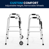 HERCULES Folding Walker with Adjustable Height, Interchangeable Wheels or Feet, Dual Frame Types, and Lightweight Design in Silver/Black