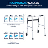 HERCULES Folding Walker with Adjustable Height, Interchangeable Wheels or Feet, Dual Frame Types, and Lightweight Design in Silver/Black