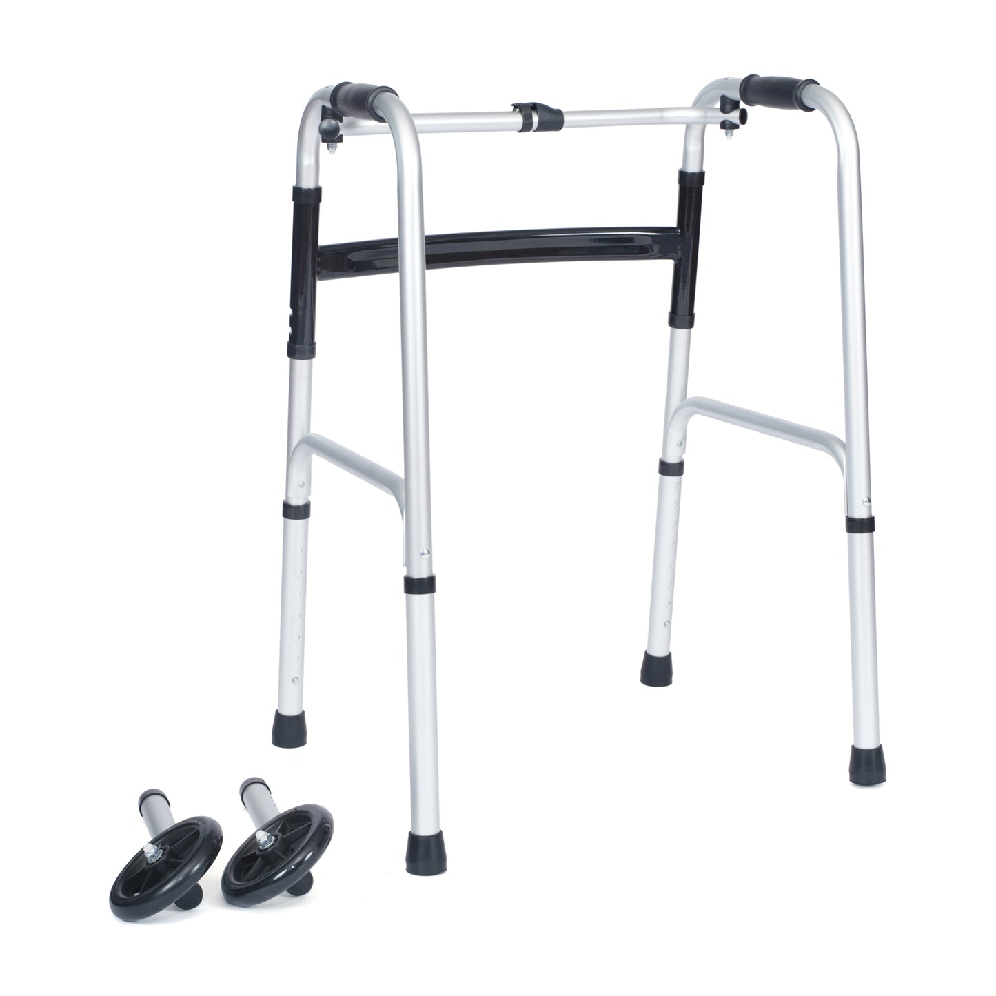 HERCULES Folding Walker with Adjustable Height, Interchangeable Wheels or Feet, Dual Frame Types, and Lightweight Design in Silver/Black