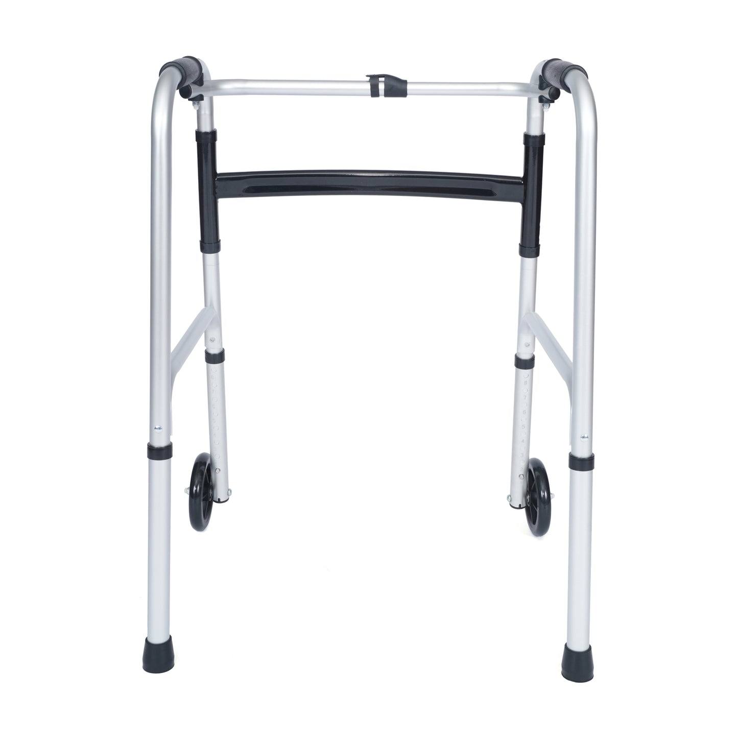HERCULES Folding Walker with Adjustable Height, Interchangeable Wheels or Feet, Dual Frame Types, and Lightweight Design in Silver/Black