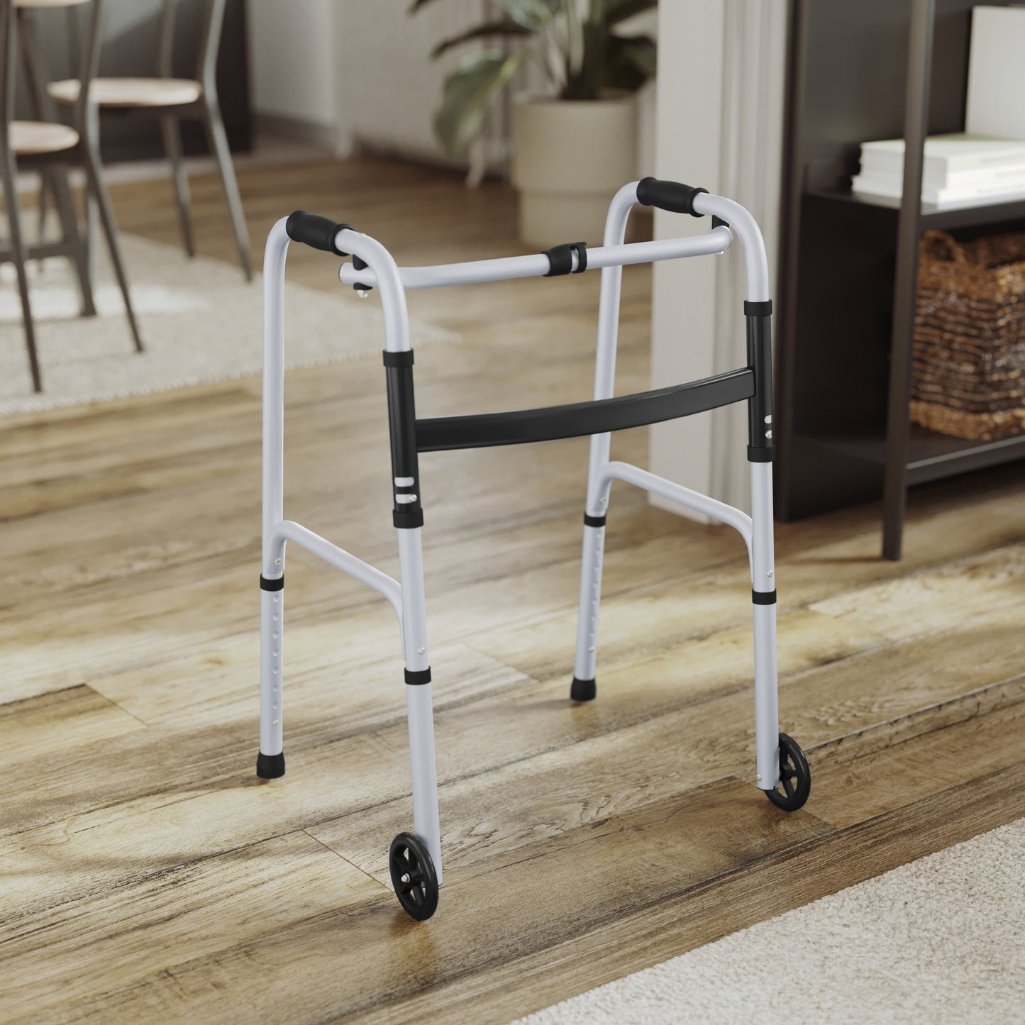 HERCULES Folding Walker with Adjustable Height, Interchangeable Wheels or Feet, Dual Frame Types, and Lightweight Design in Silver/Black