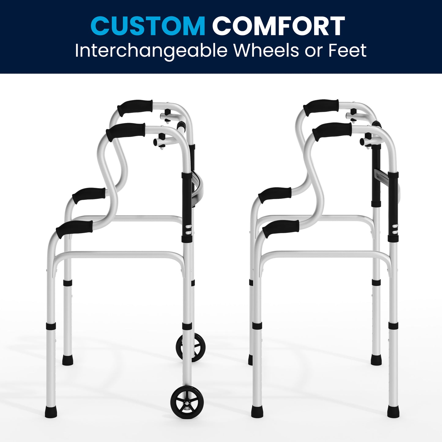 HERCULES Bi-Level Folding Walker with Adjustable Height, Interchangeable Wheels or Feet, Dual Frame Types, and Lightweight Design in Gray