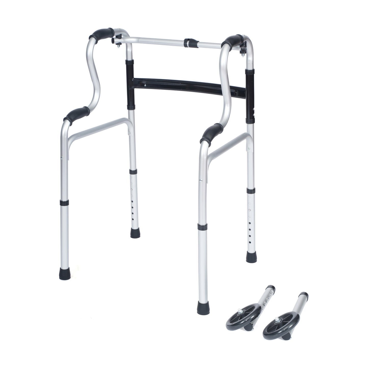 HERCULES Bi-Level Folding Walker with Adjustable Height, Interchangeable Wheels or Feet, Dual Frame Types, and Lightweight Design in Gray
