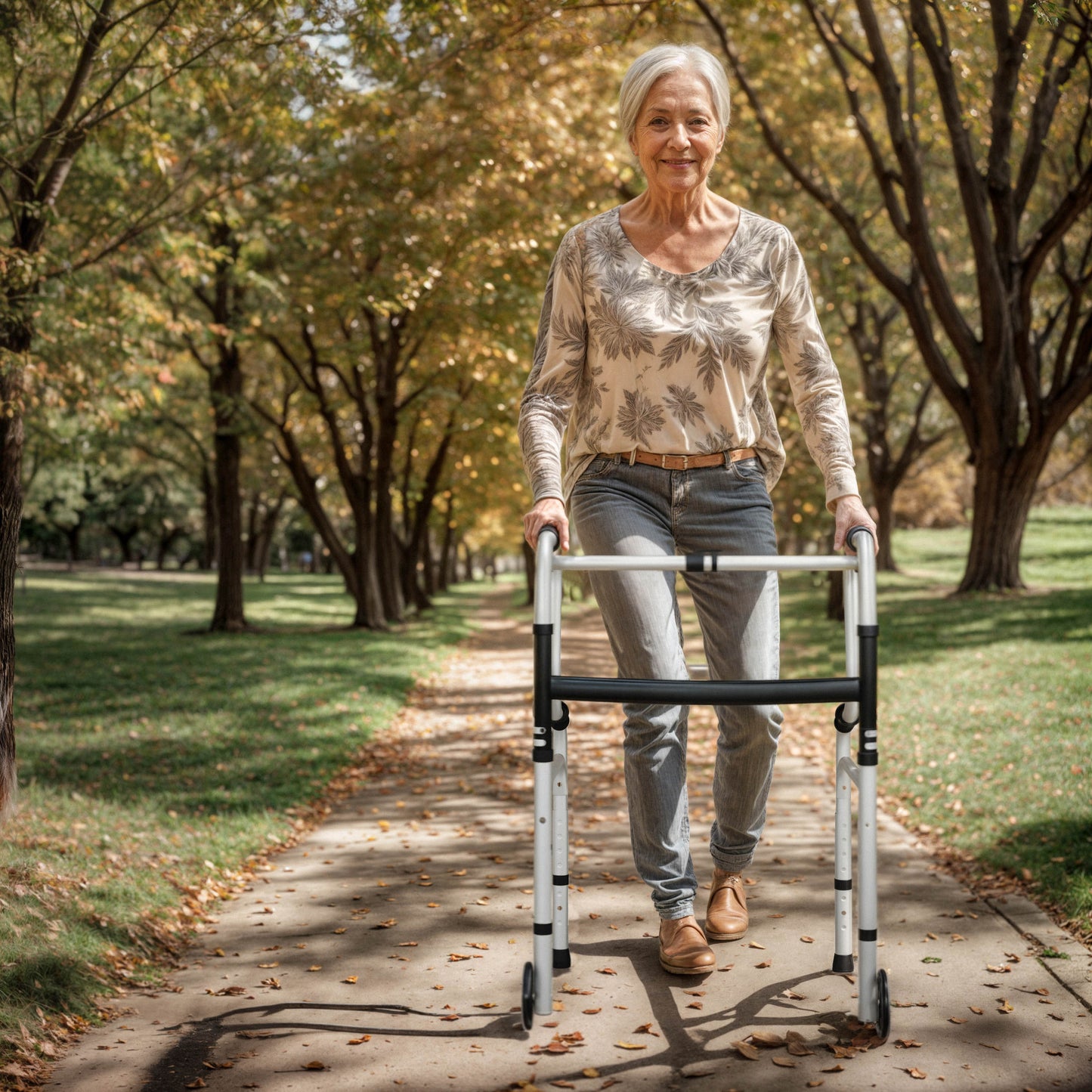 HERCULES Bi-Level Folding Walker with Adjustable Height, Interchangeable Wheels or Feet, Dual Frame Types, and Lightweight Design in Gray