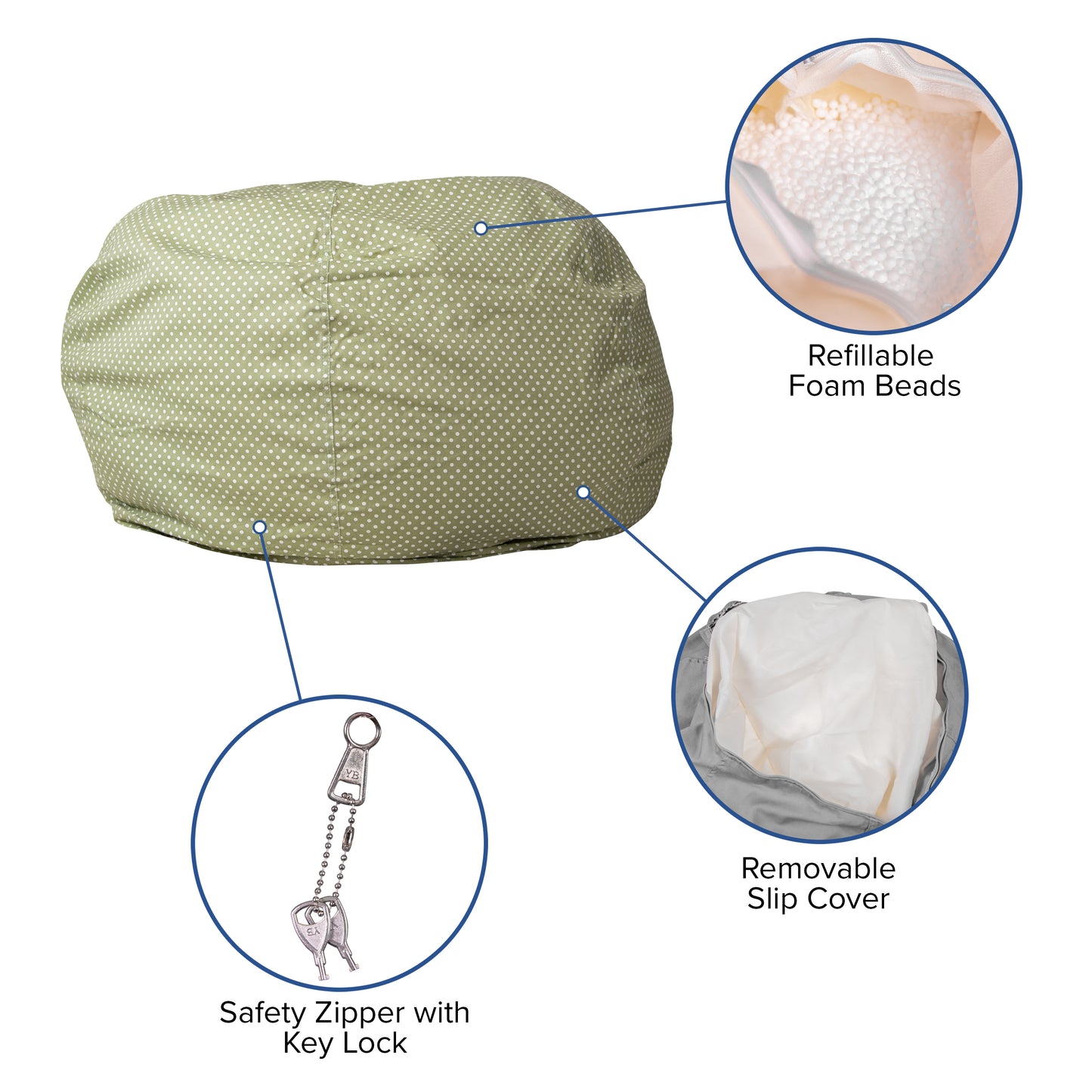 Duncan Oversized Green Dot Refillable Bean Bag Chair for All Ages