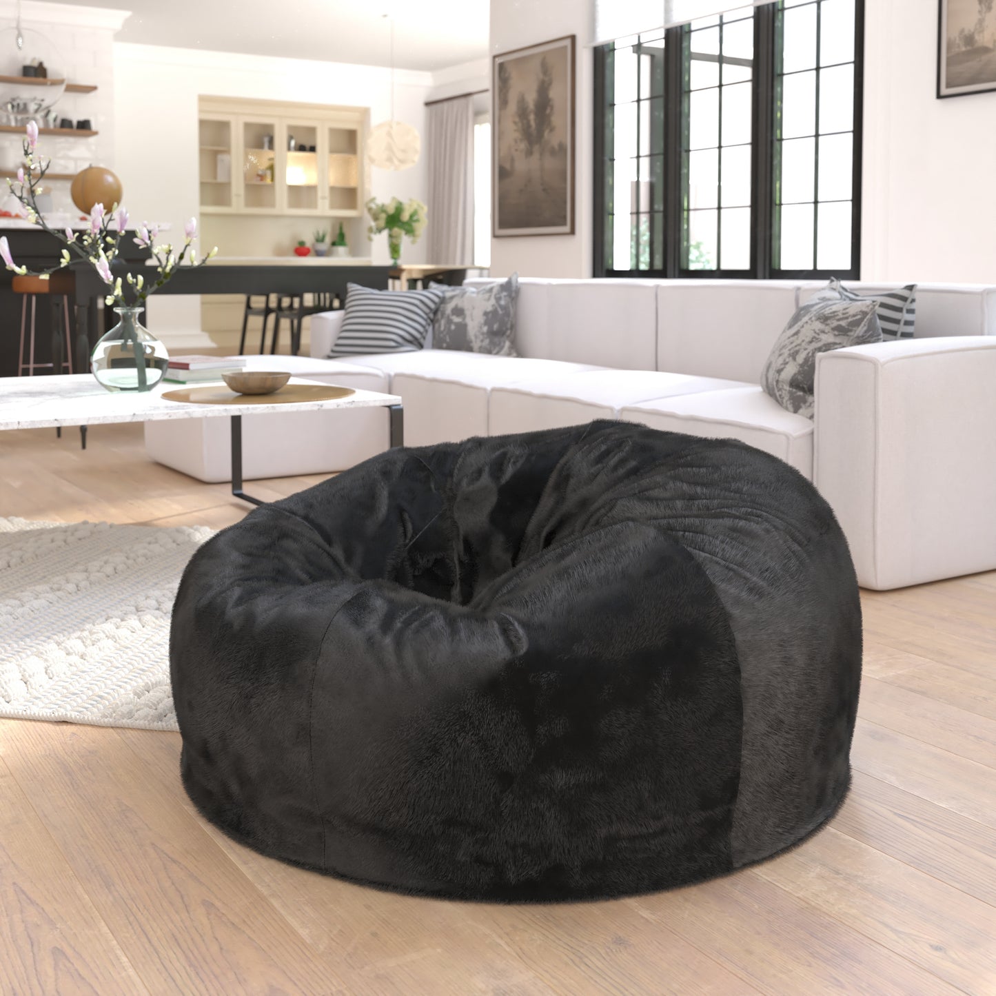 Duncan Oversized Black Furry Refillable Bean Bag Chair for All Ages