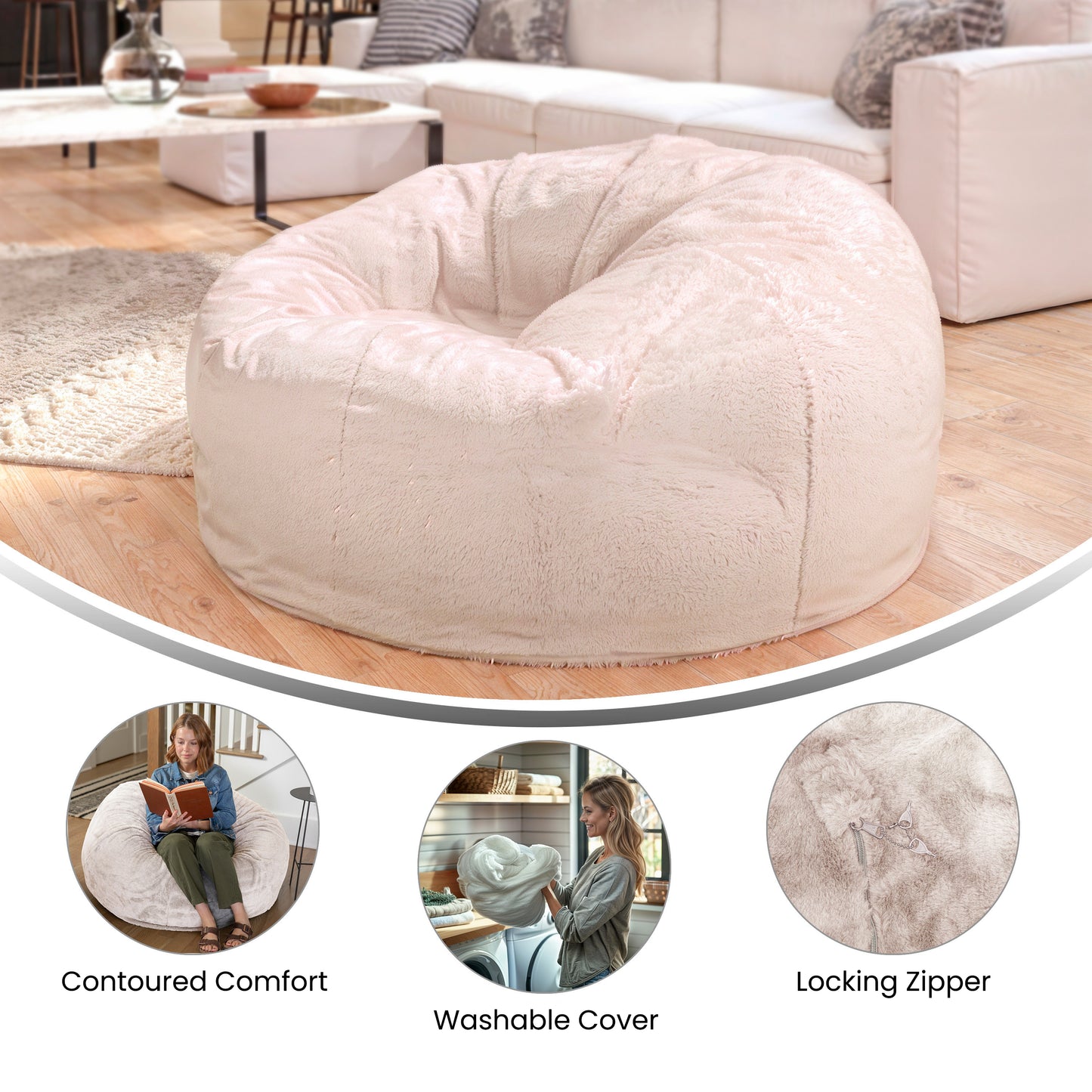 Duncan Oversized White Furry Refillable Bean Bag Chair for All Ages