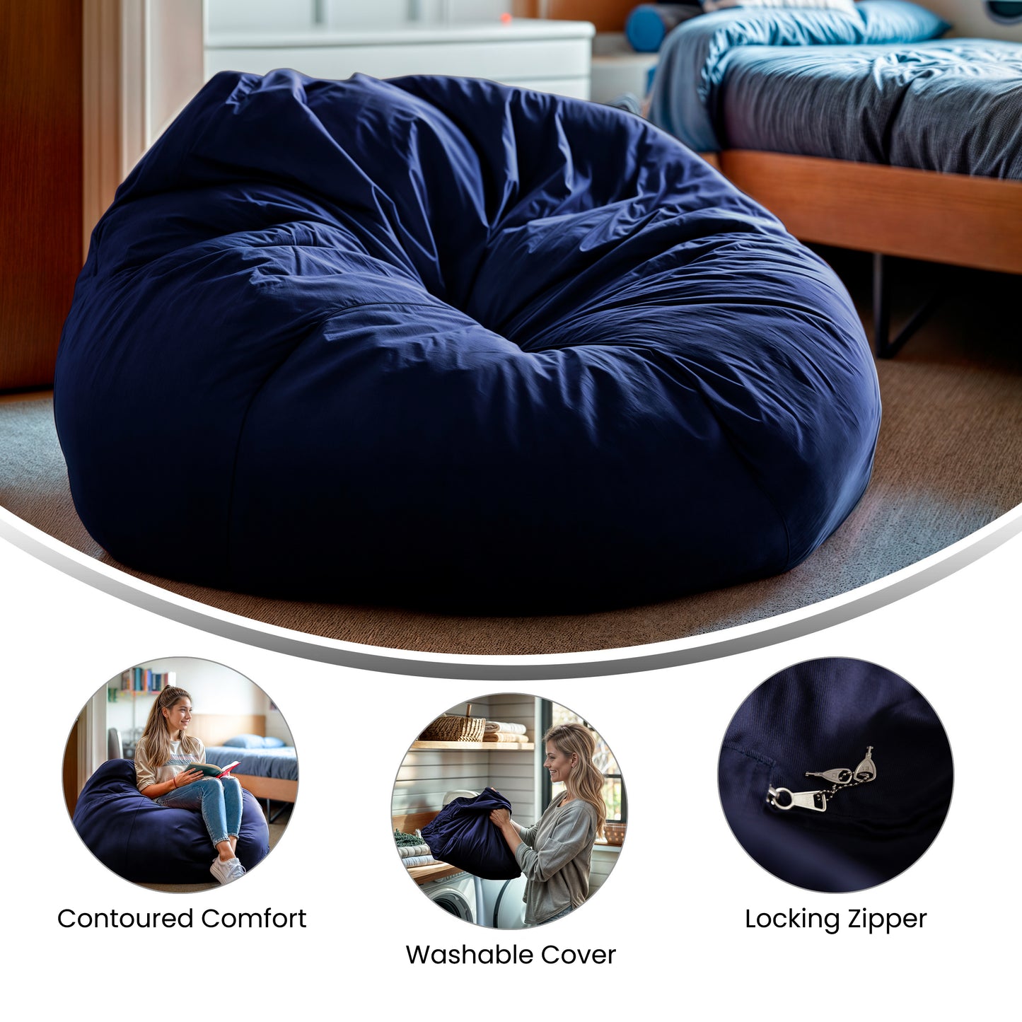 Duncan Oversized Solid Navy Blue Refillable Bean Bag Chair for All Ages