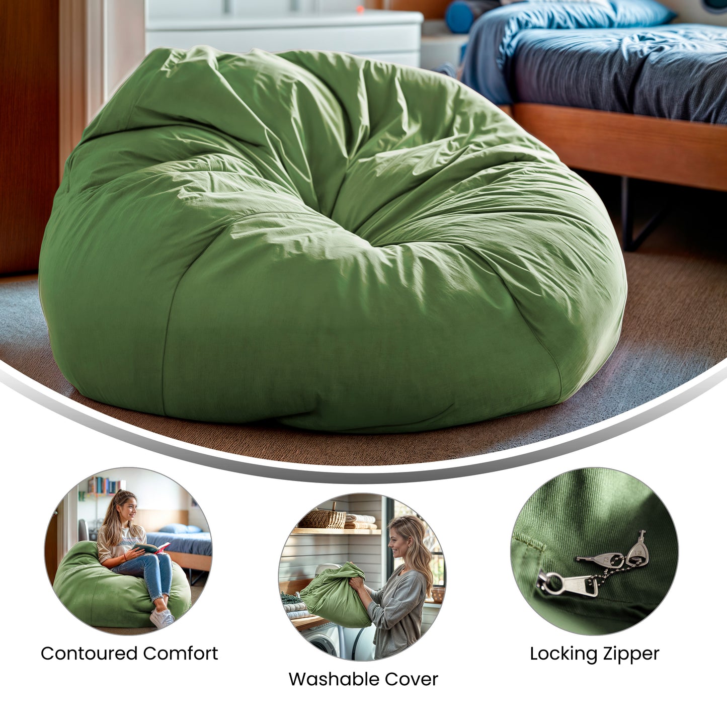 Duncan Oversized Solid Green Refillable Bean Bag Chair for All Ages