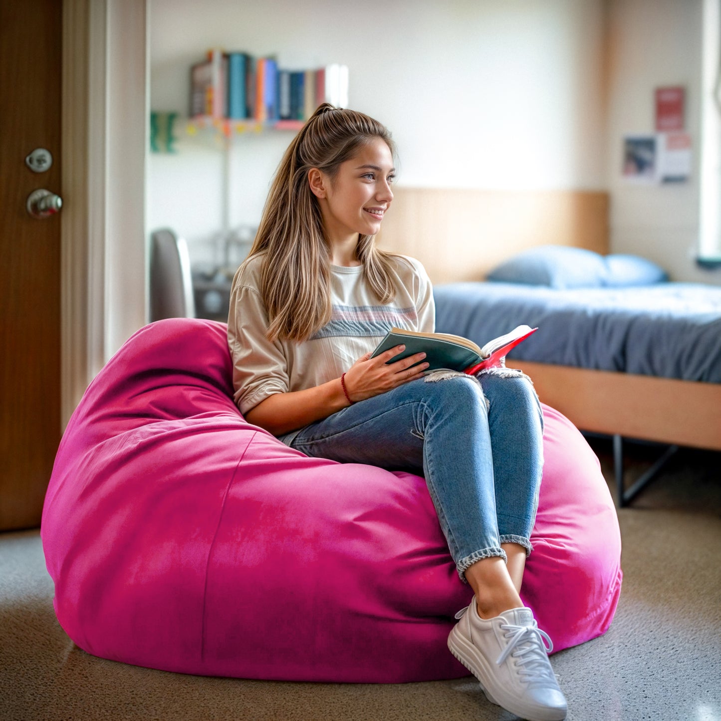 Duncan Oversized Solid Hot Pink Refillable Bean Bag Chair for All Ages