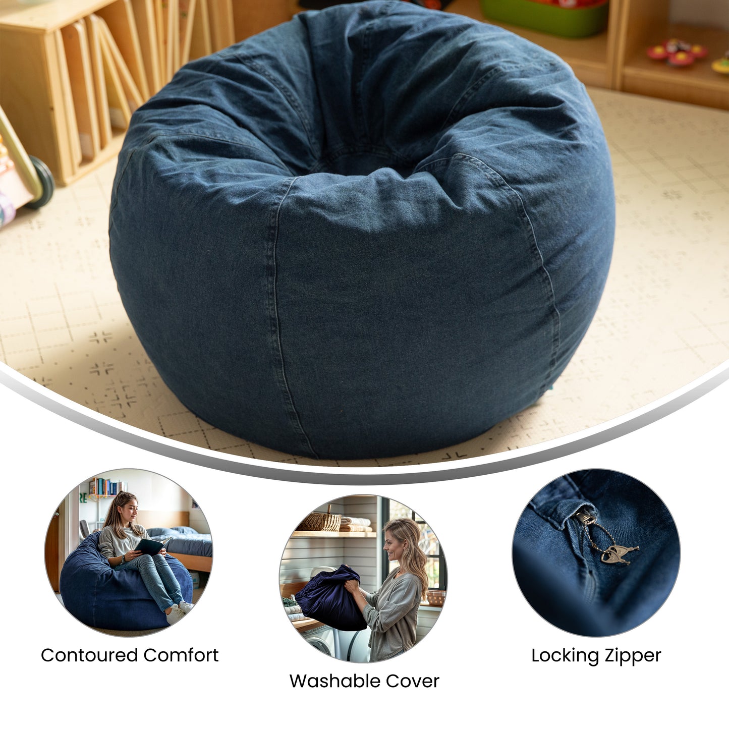 Dillon Small Denim Refillable Bean Bag Chair for Kids and Teens