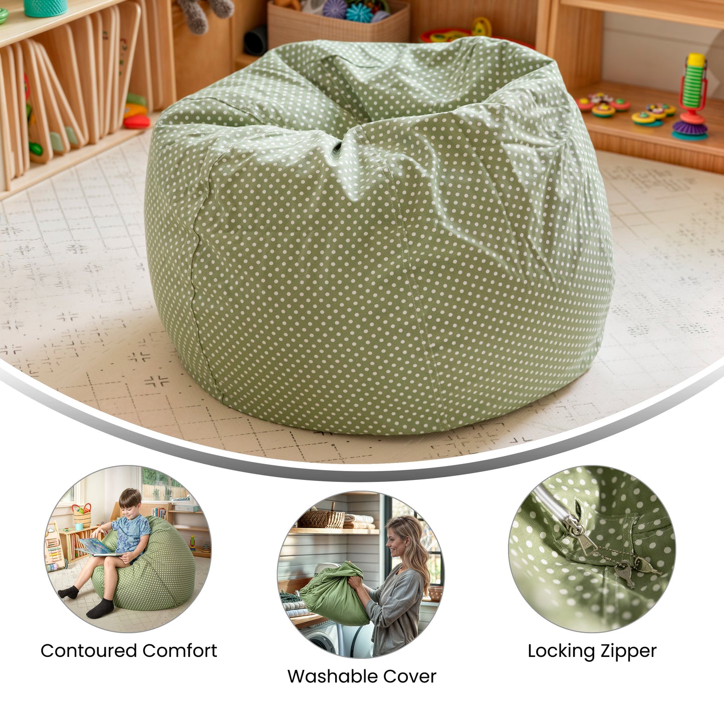 Dillon Small Green Dot Refillable Bean Bag Chair for Kids and Teens