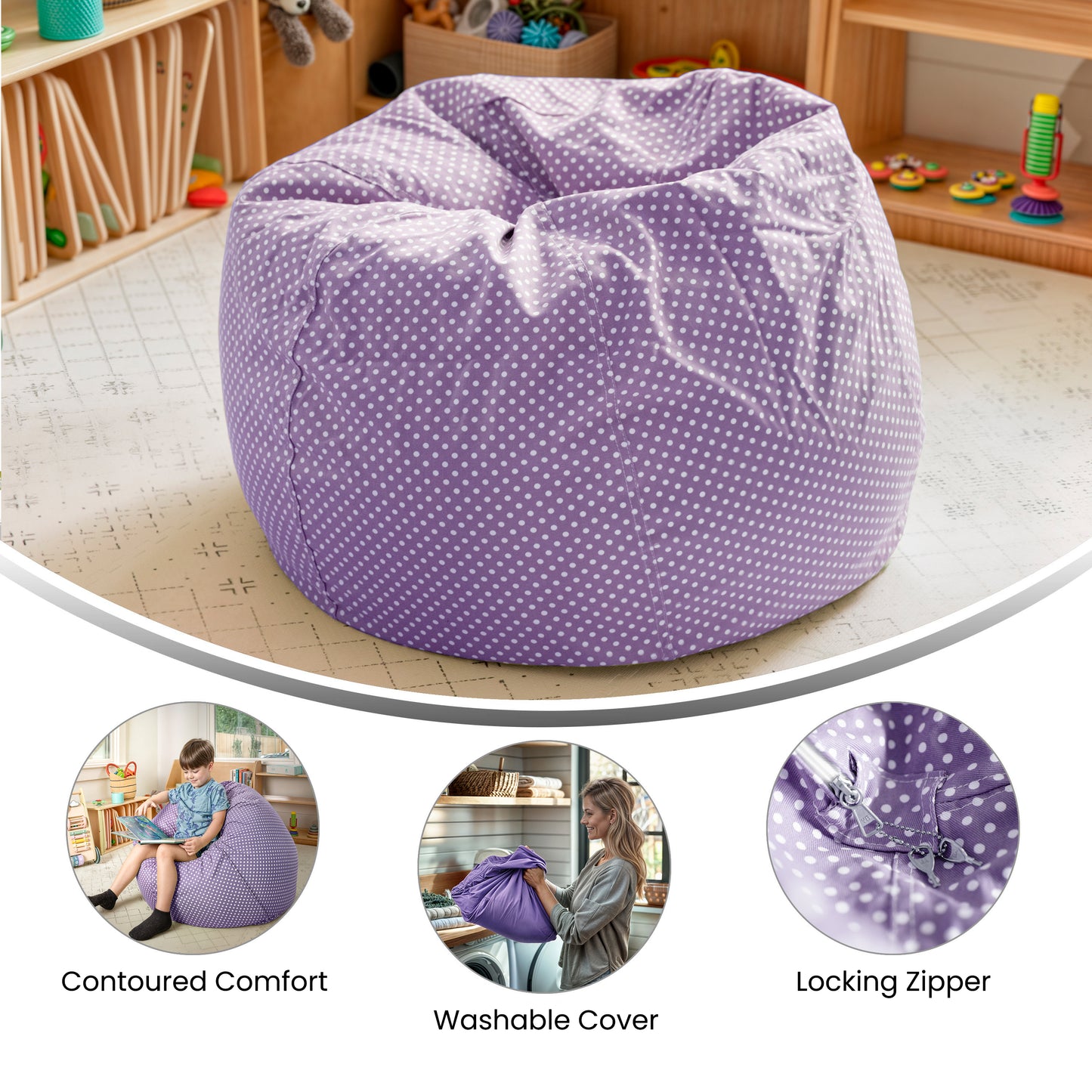 Dillon Small Lavender Dot Refillable Bean Bag Chair for Kids and Teens