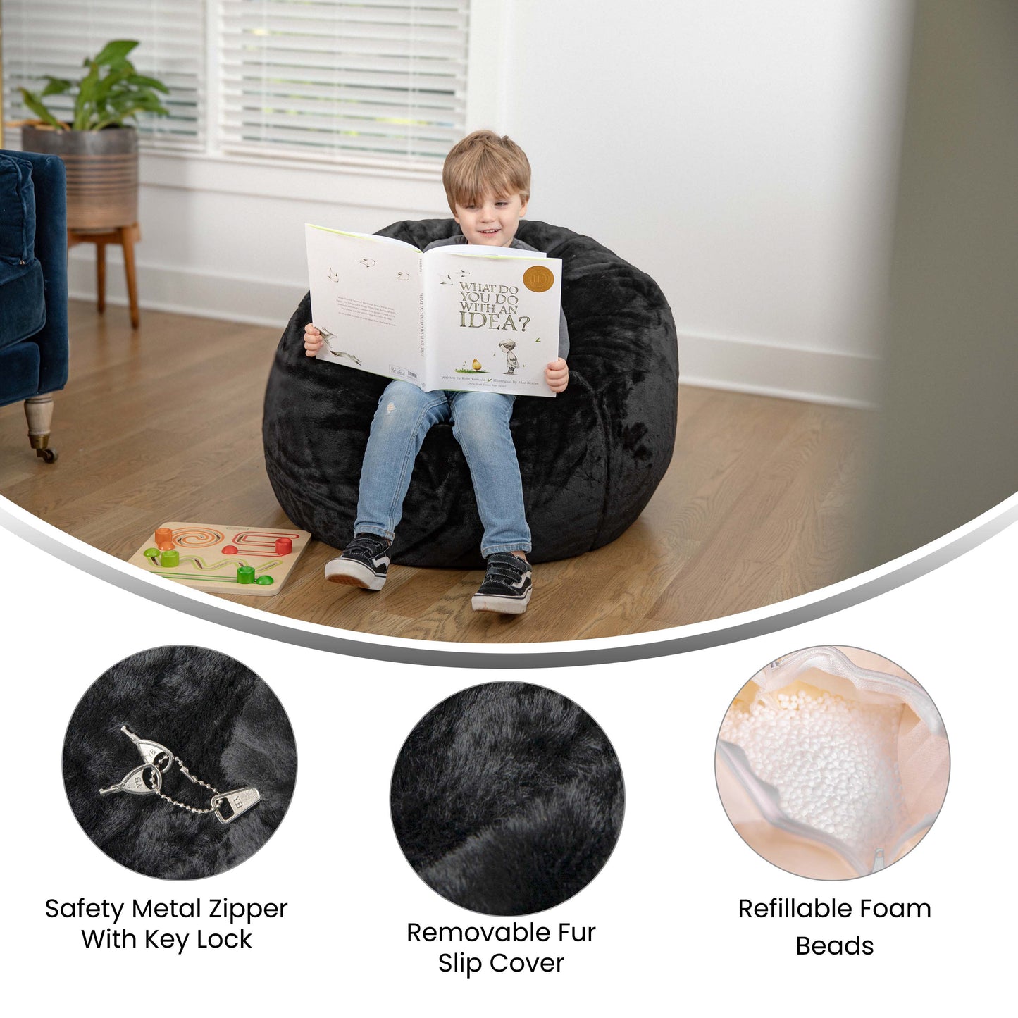 Dillon Small Black Furry Refillable Bean Bag Chair for Kids and Teens