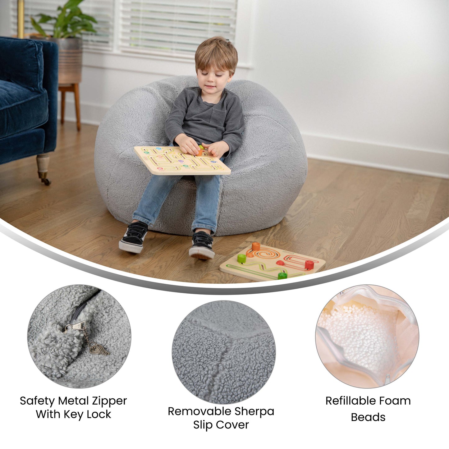 Dillon Small Gray Faux Sherpa Refillable Bean Bag Chair for Kids and Teens