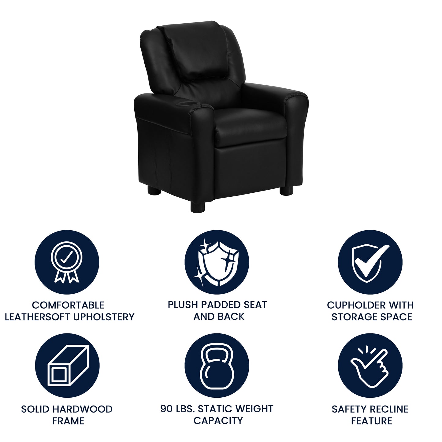 Vana Contemporary Black LeatherSoft Kids Recliner with Cup Holder and Headrest