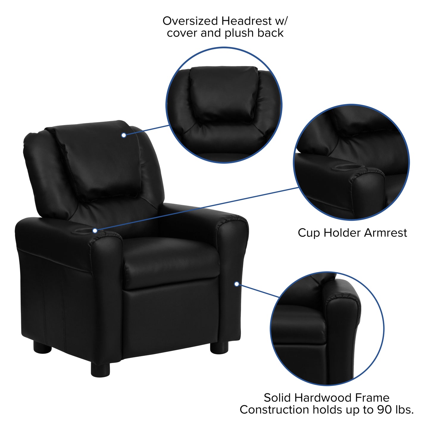 Vana Contemporary Black LeatherSoft Kids Recliner with Cup Holder and Headrest