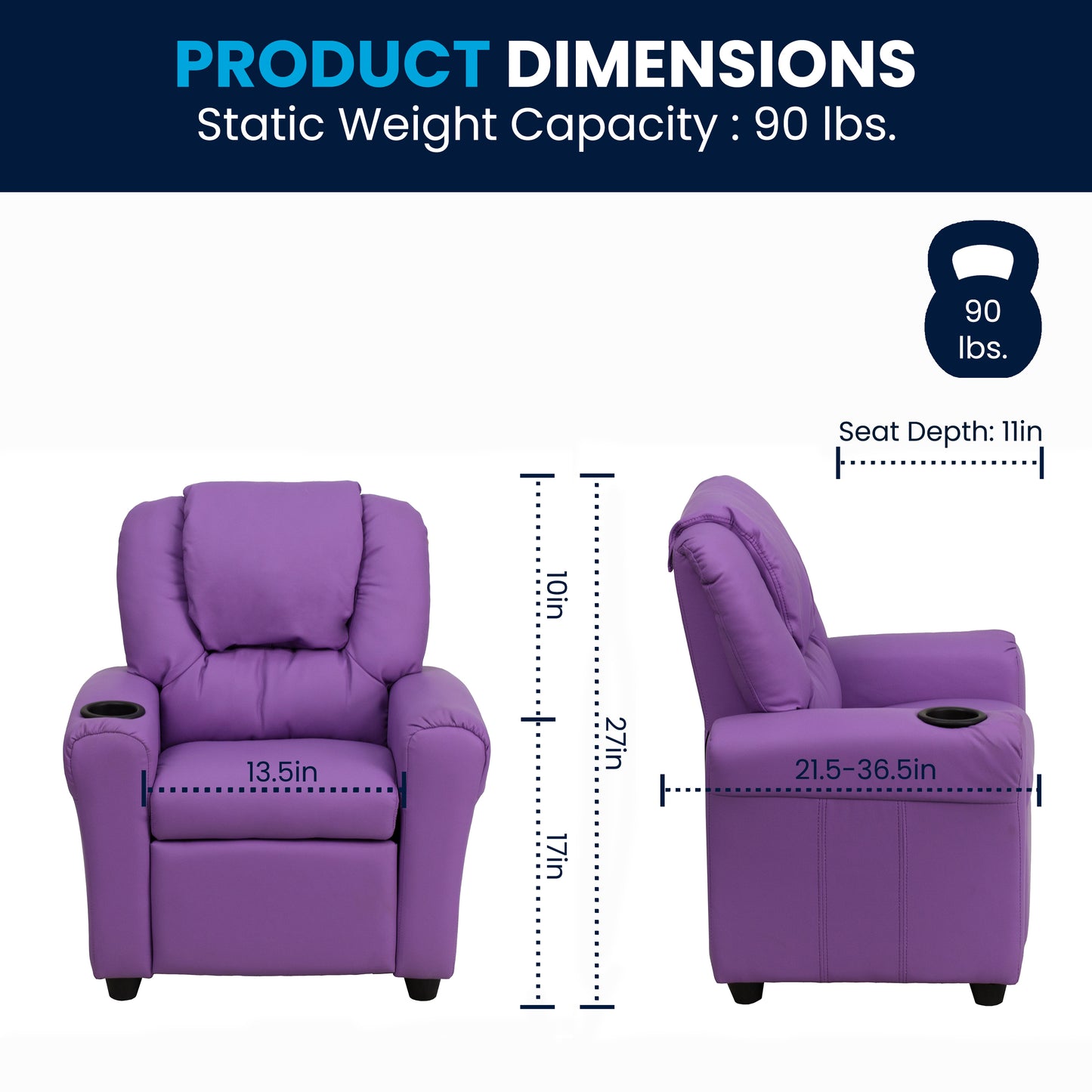 Vana Contemporary Lavender Vinyl Kids Recliner with Cup Holder and Headrest