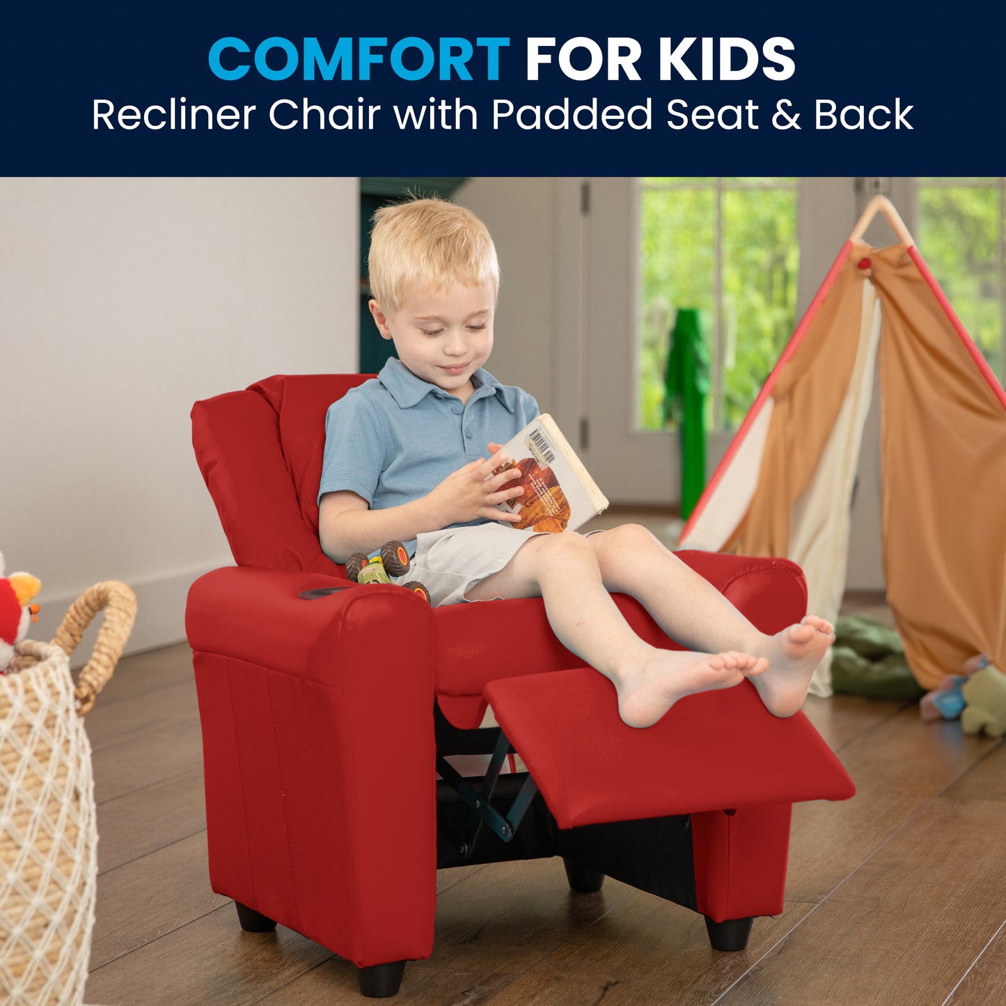 Vana Contemporary Red Vinyl Kids Recliner with Cup Holder and Headrest