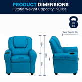 Vana Contemporary Turquoise Vinyl Kids Recliner with Cup Holder and Headrest