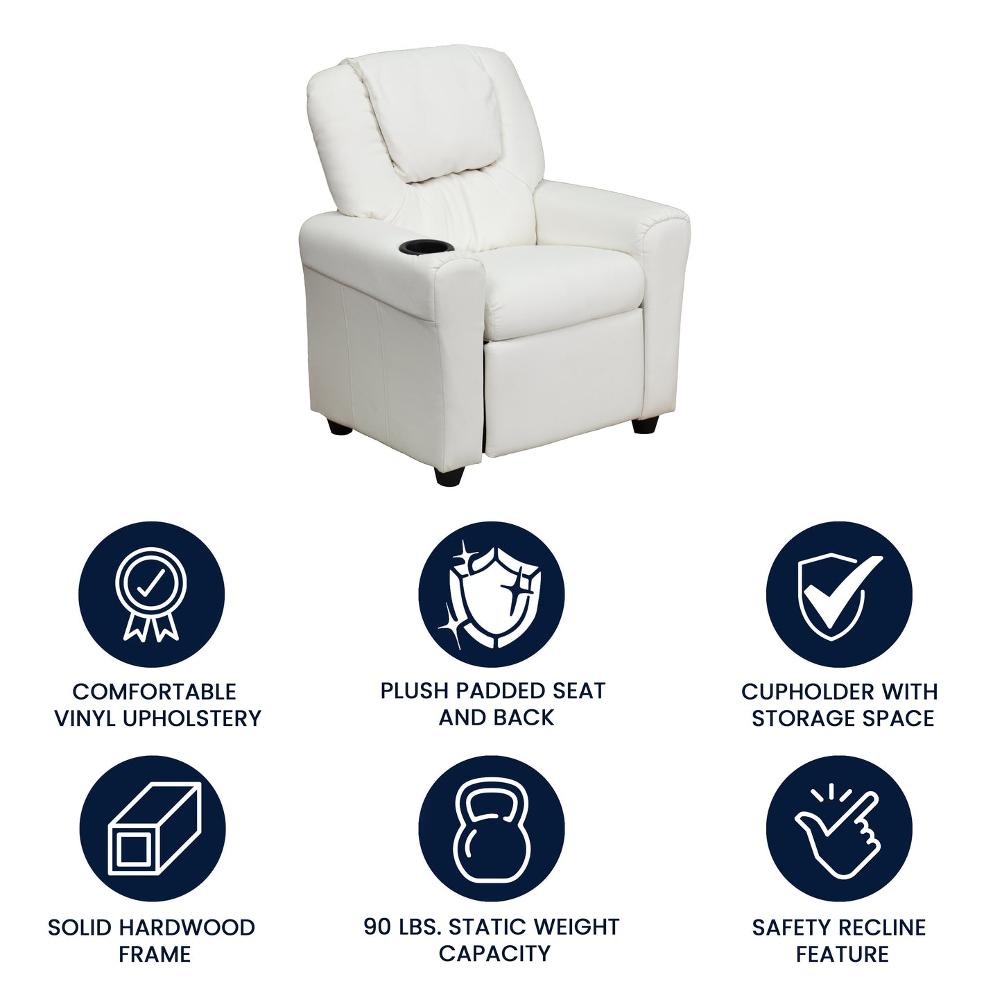Vana Contemporary White Vinyl Kids Recliner with Cup Holder and Headrest