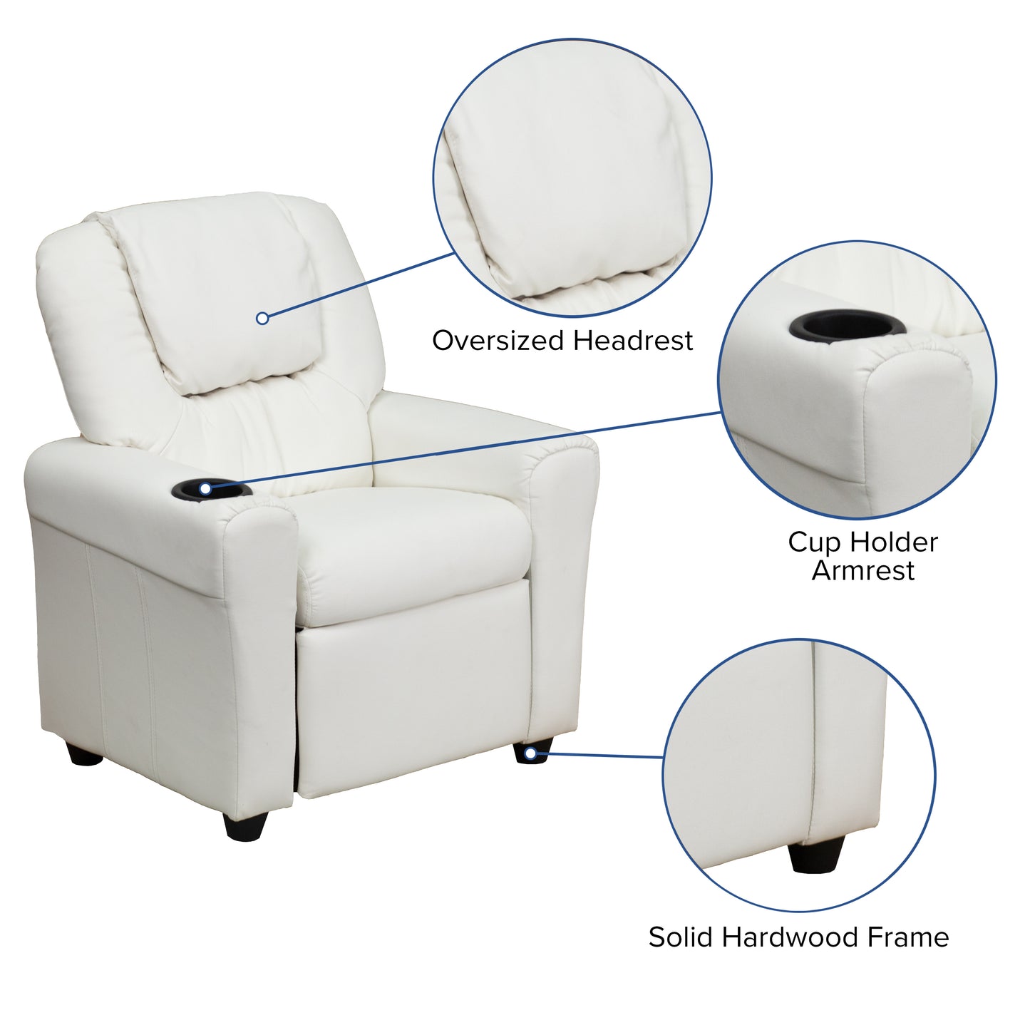 Vana Contemporary White Vinyl Kids Recliner with Cup Holder and Headrest
