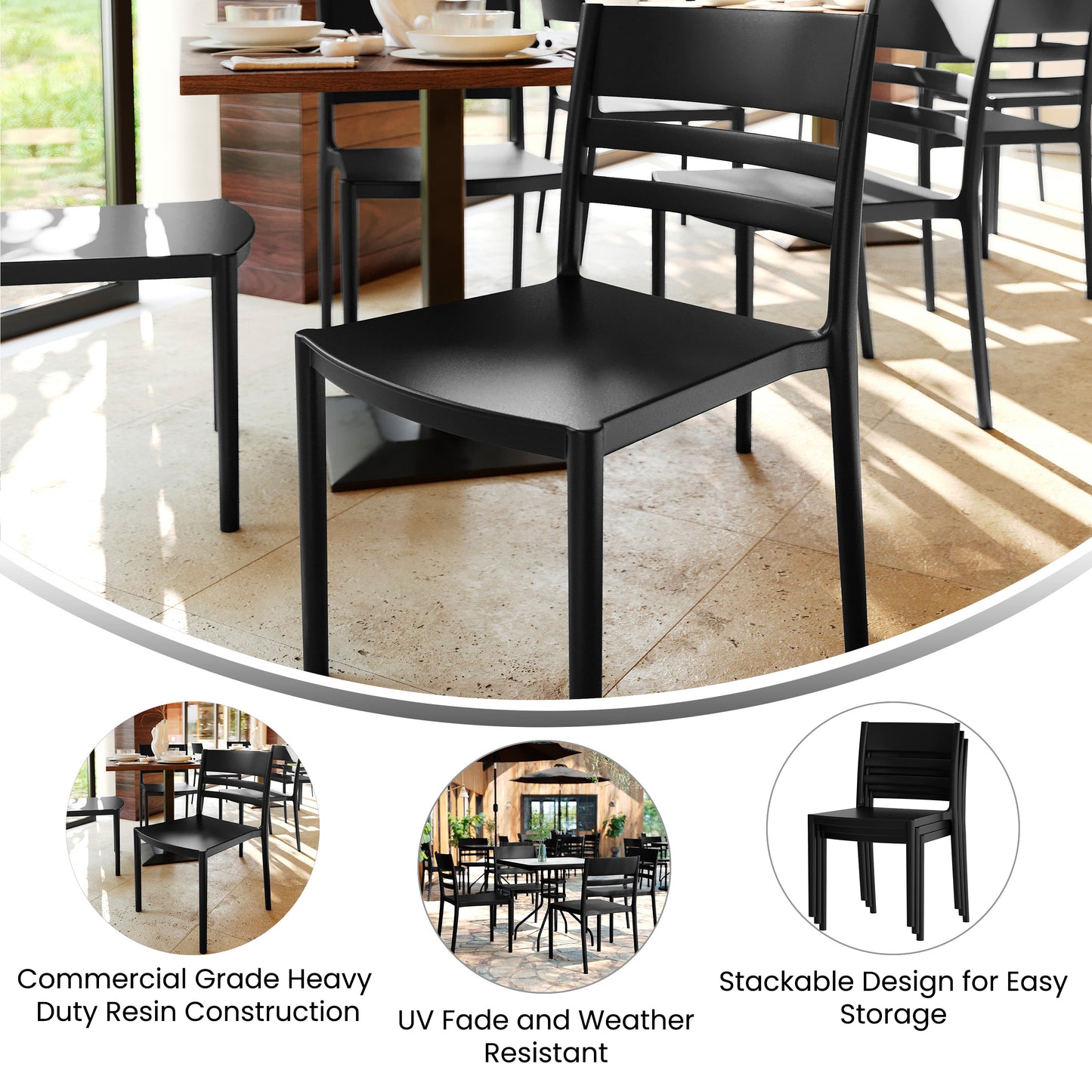 Bridgeport Indoor-Outdoor Stacking Patio Chair with Slatted Backrest, Commercial All-Weather Resin Chair in Black