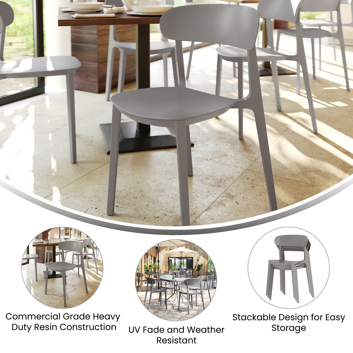 Dover Indoor-Outdoor Stacking Patio Chair with Curved Backrest, Commercial All-Weather Resin Chair in Gray
