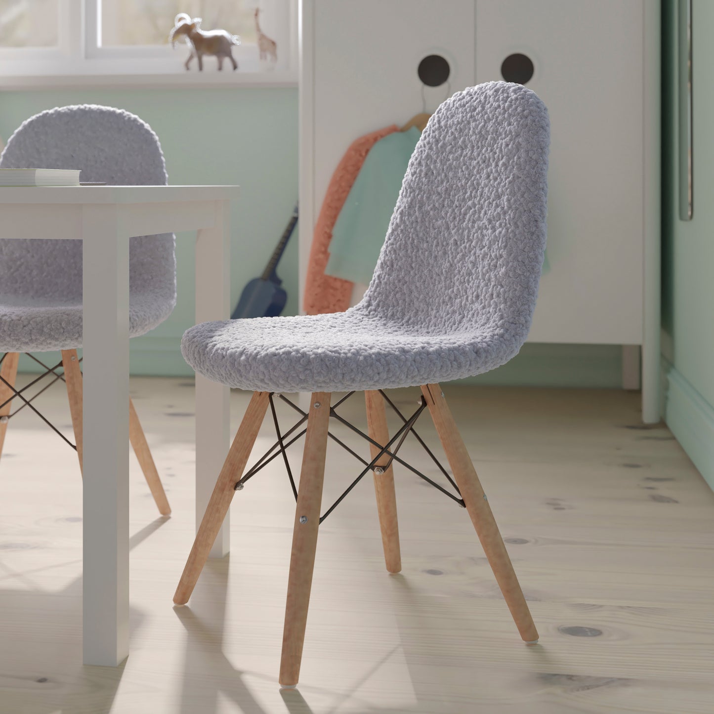 Zula Kid's Modern Padded Armless Faux Faux Shearling Accent Chair with Beechwood Legs in Gray