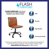 Alan Low Back Designer Armless Brown Ribbed Swivel Task Office Chair with Black Frame and Base