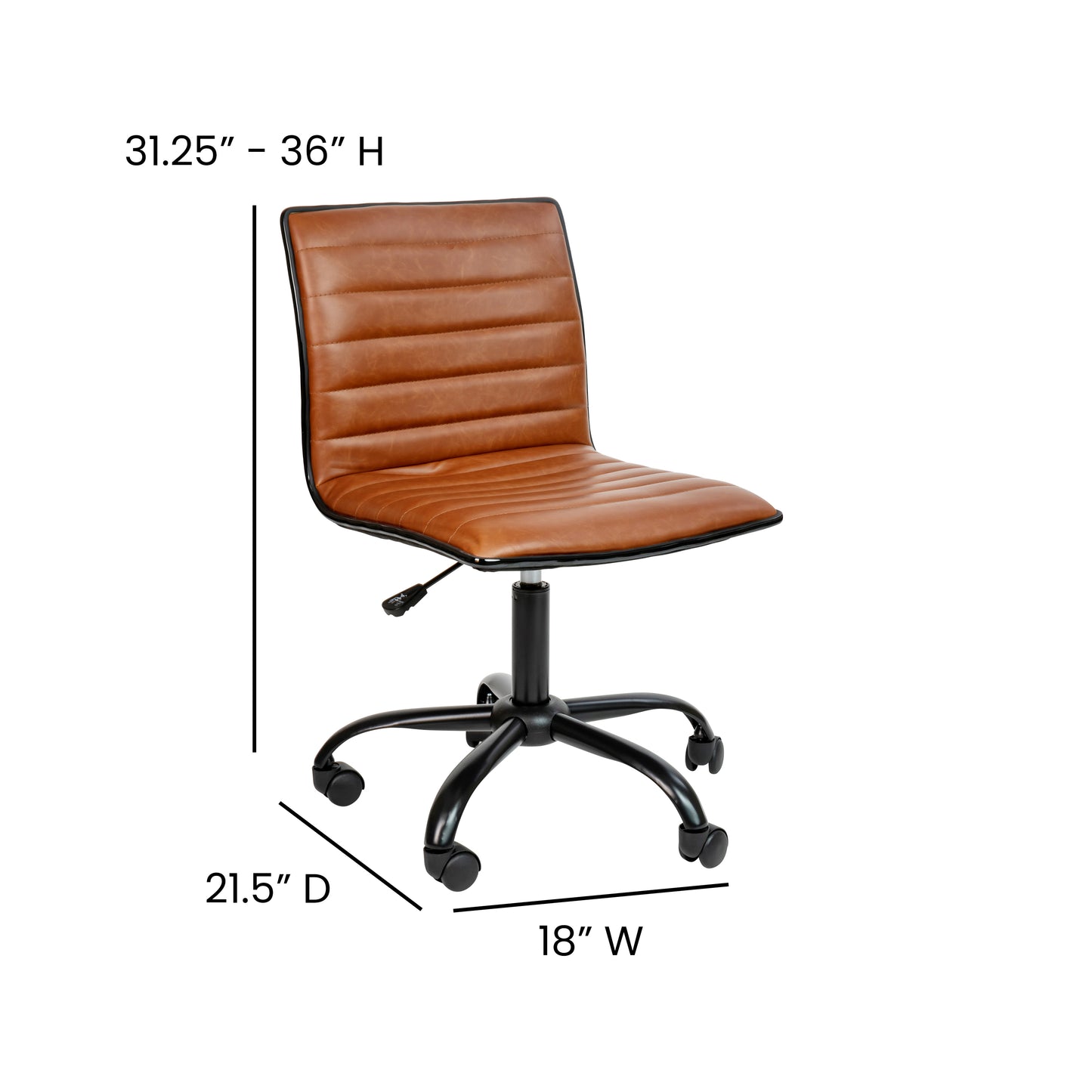 Alan Low Back Designer Armless Brown Ribbed Swivel Task Office Chair with Black Frame and Base