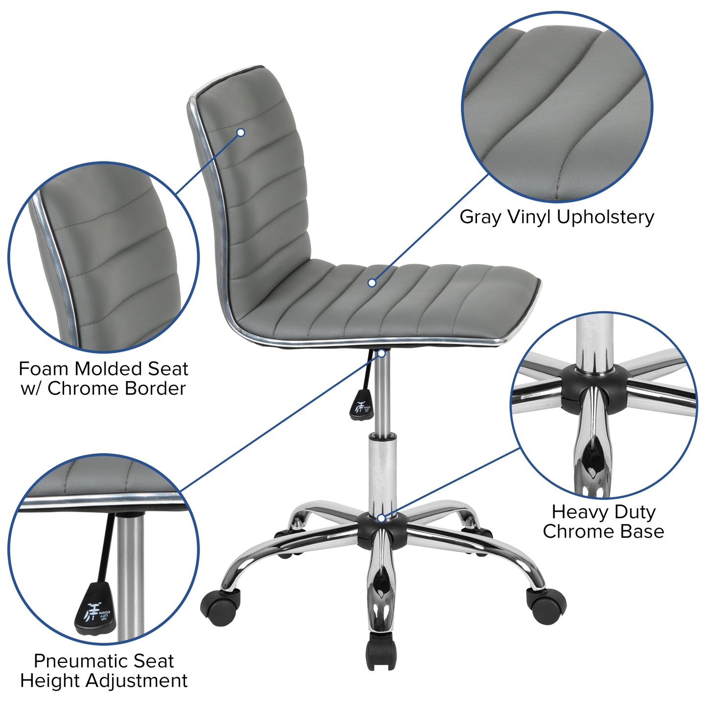 Alan Low Back Designer Armless Light Gray Ribbed Swivel Task Office Chair