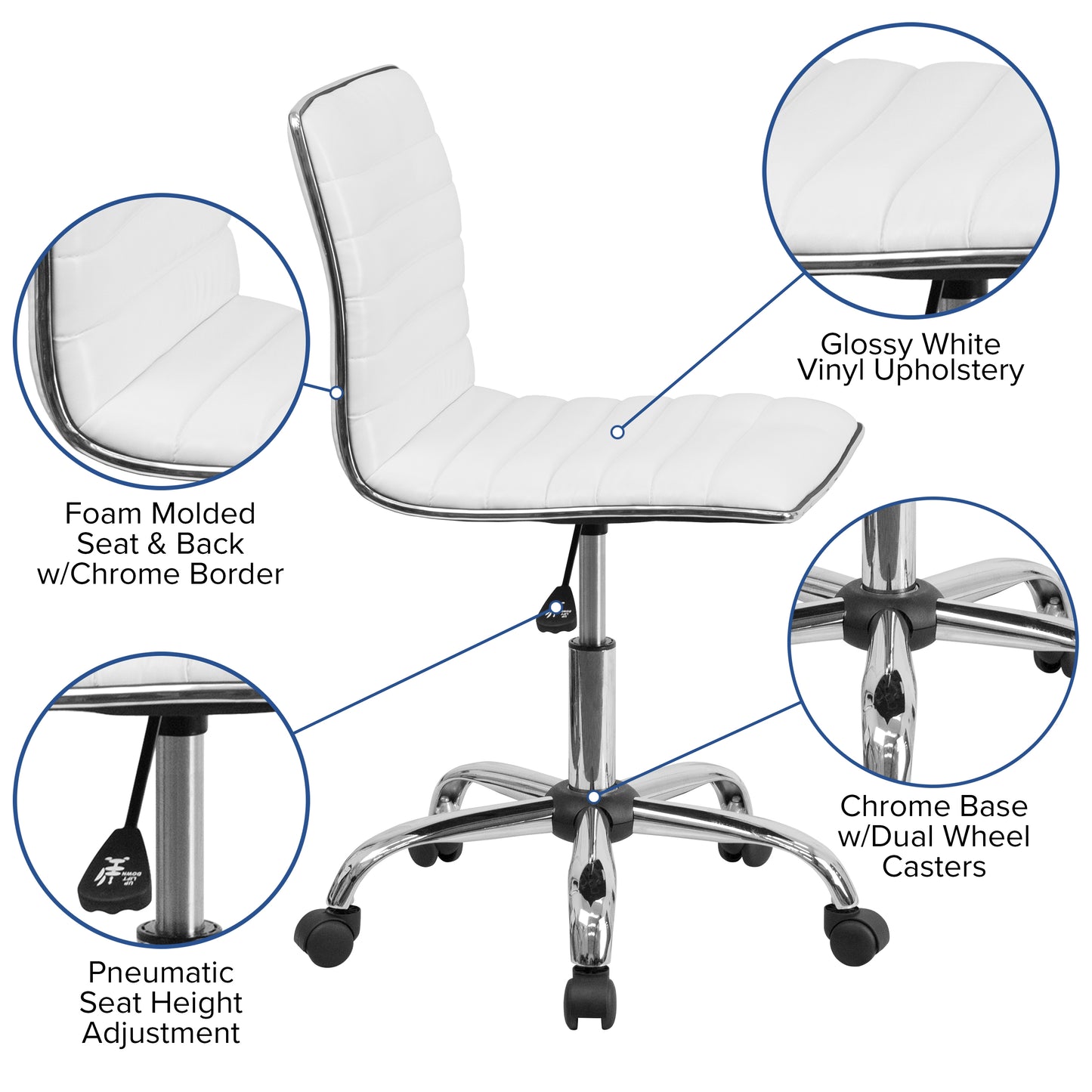 Alan Low Back Designer Armless White Ribbed Swivel Task Office Chair