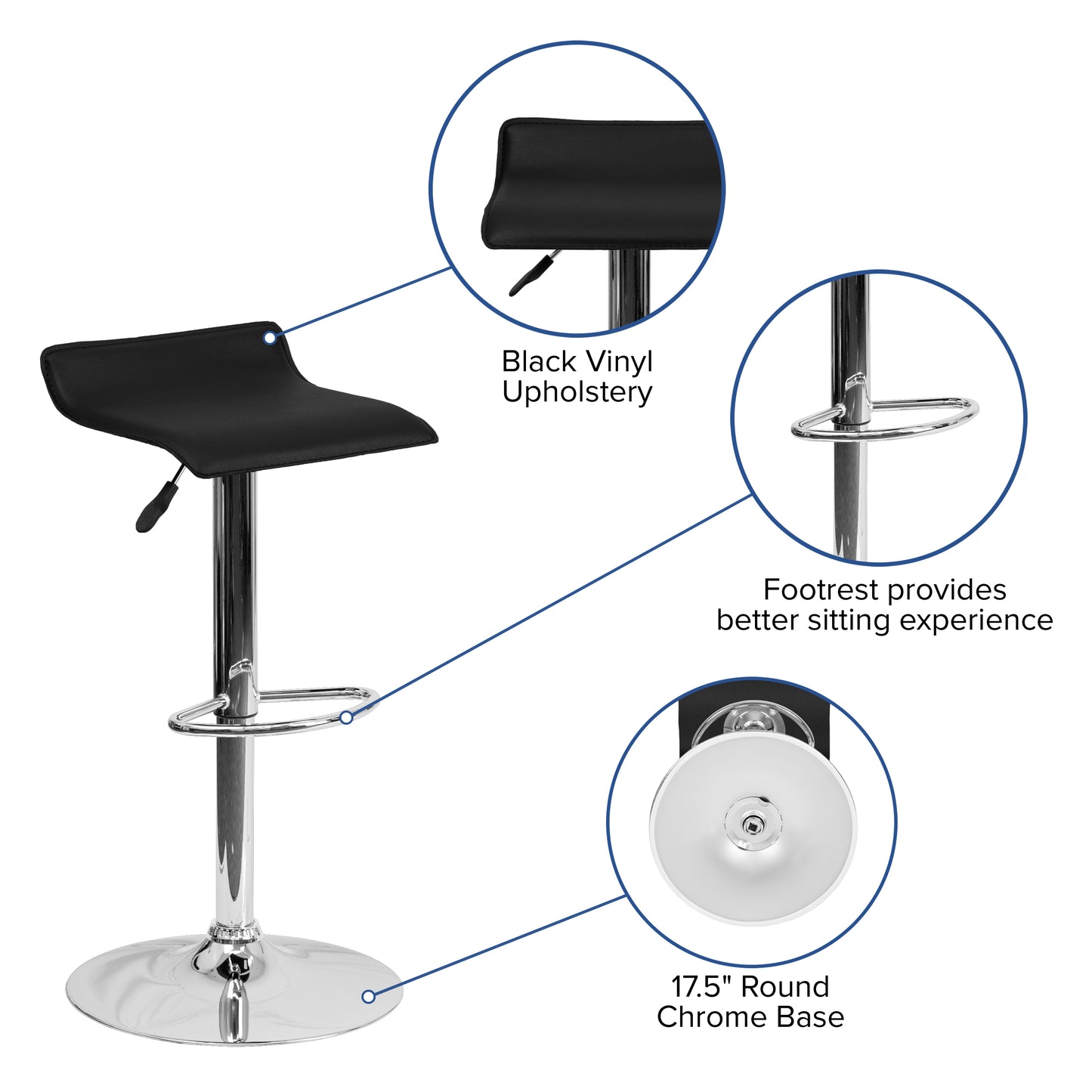 Dax Contemporary Black Vinyl Adjustable Height Barstool with Solid Wave Seat and Chrome Base
