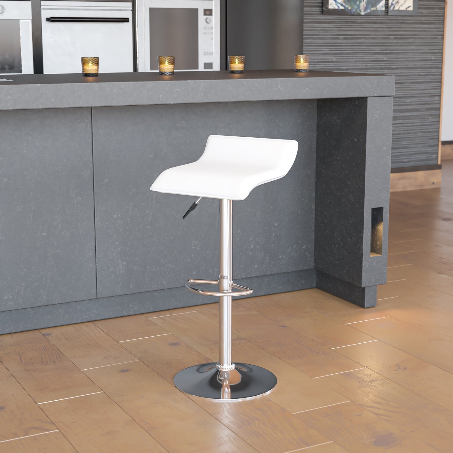 Dax Contemporary White Vinyl Adjustable Height Barstool with Solid Wave Seat and Chrome Base