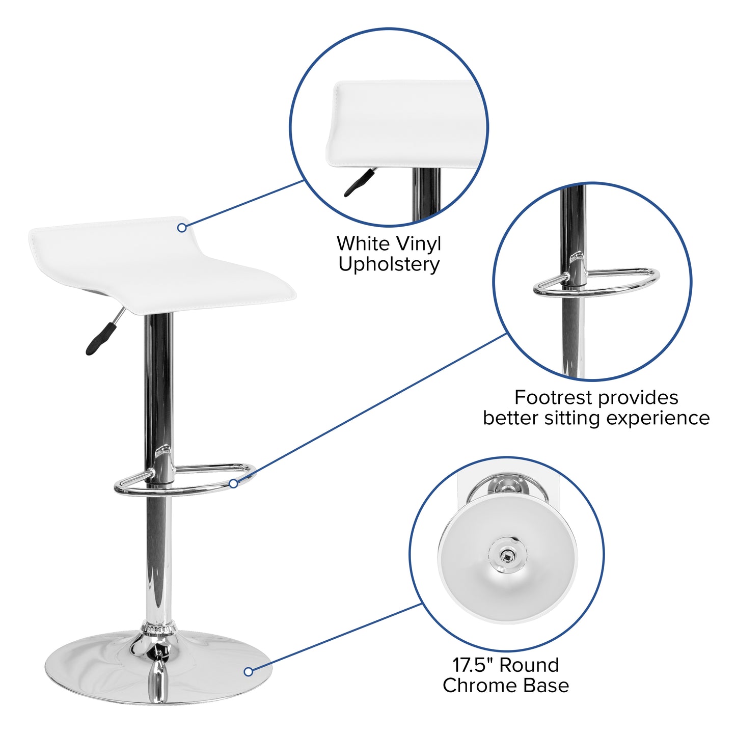 Dax Contemporary White Vinyl Adjustable Height Barstool with Solid Wave Seat and Chrome Base
