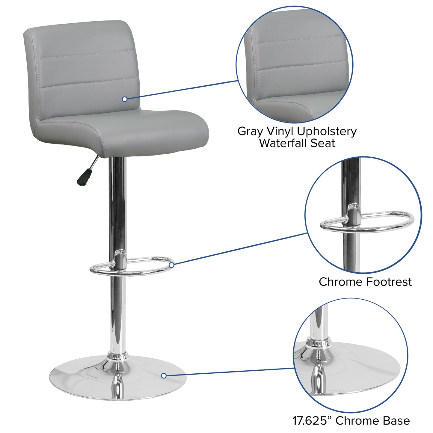 Scott Contemporary Gray Vinyl Adjustable Height Barstool with Rolled Seat and Chrome Base