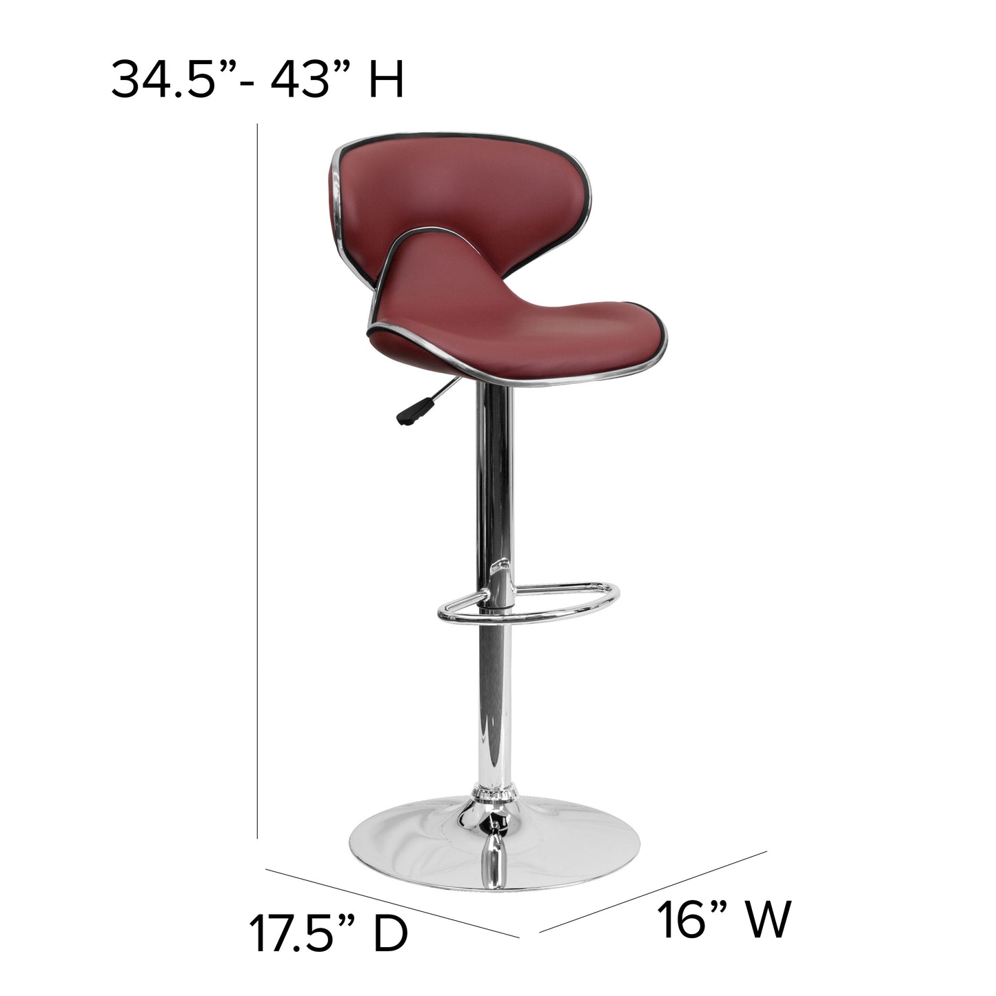 Devin Contemporary Cozy Mid-Back Burgundy Vinyl Adjustable Height Barstool with Chrome Base