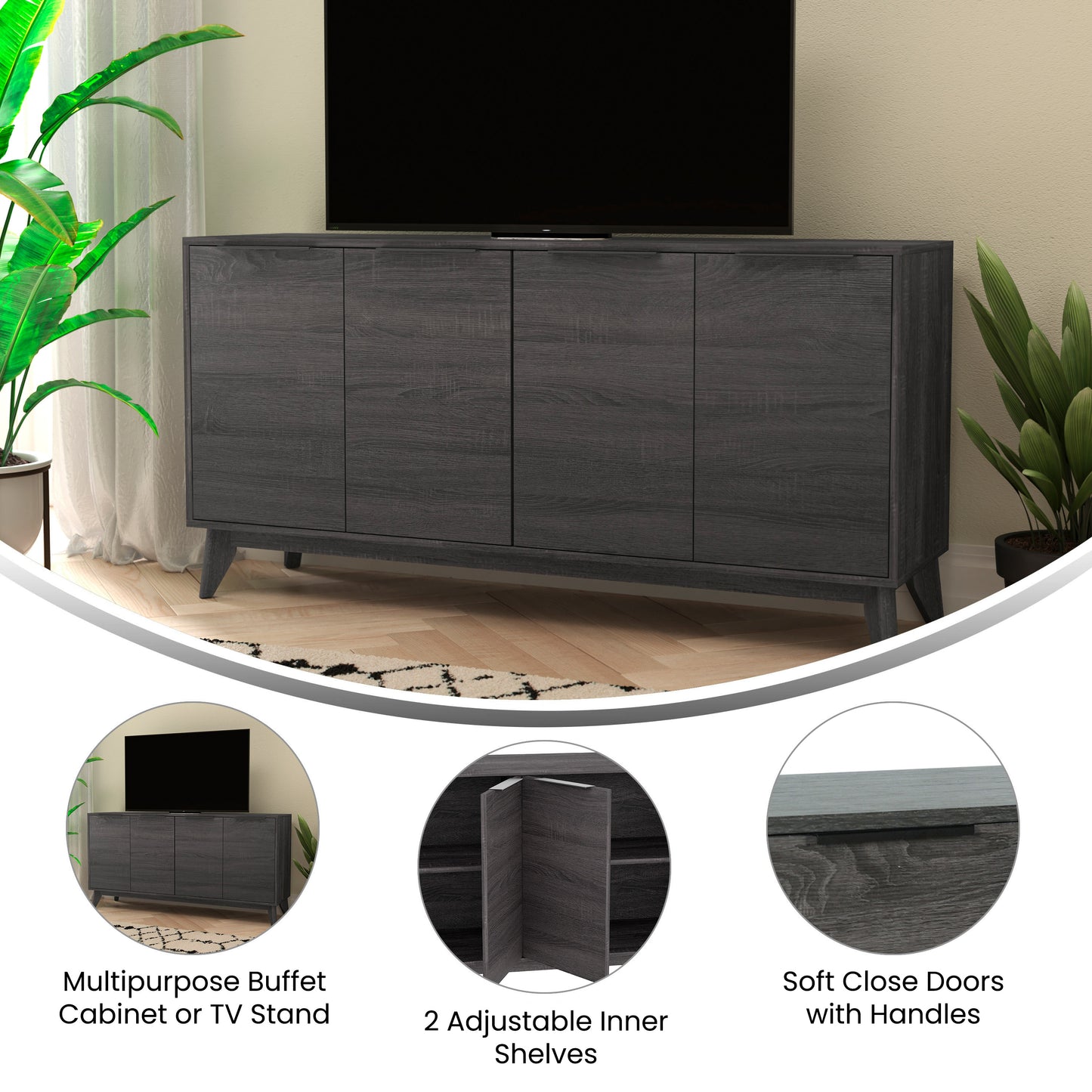 Hatfield Mid-Century Modern 60 Inch 4 Door Storage Buffet Sideboard, 4 Soft Close Doors, Adjustable Shelves, TV Stand for up to 64" TV's, Black Wash