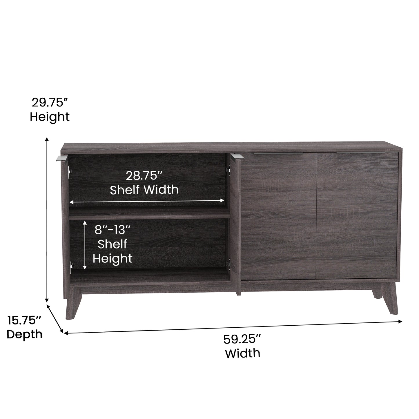Hatfield Mid-Century Modern 60 Inch 4 Door Storage Buffet Sideboard, 4 Soft Close Doors, Adjustable Shelves, TV Stand for up to 64" TV's, Black Wash