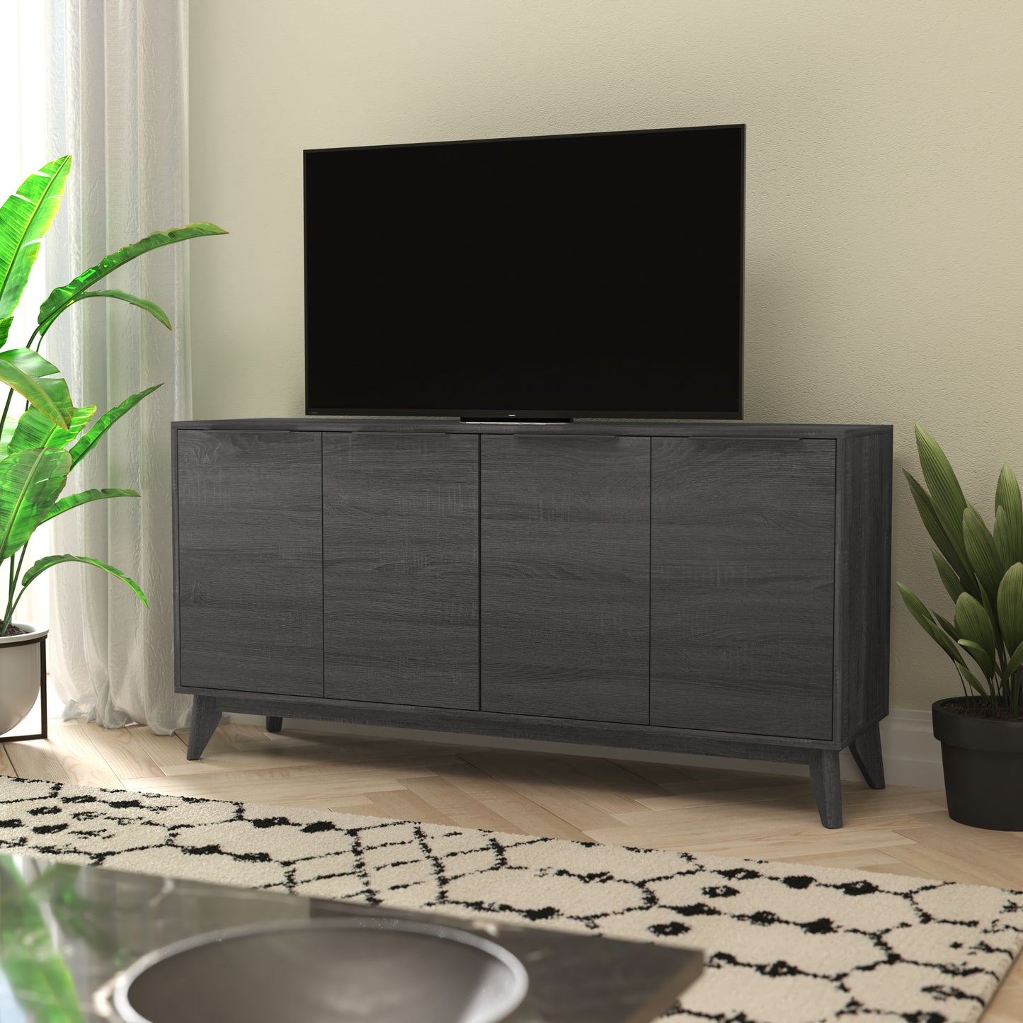 Hatfield Mid-Century Modern 60 Inch 4 Door Storage Buffet Sideboard, 4 Soft Close Doors, Adjustable Shelves, TV Stand for up to 64" TV's, Black Wash