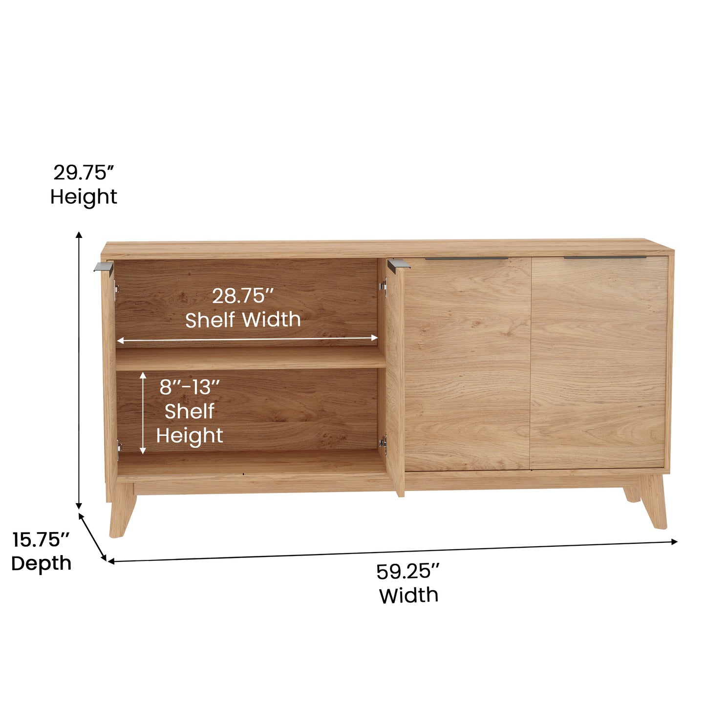 Hatfield Mid-Century Modern 60 Inch 4 Door Storage Buffet Sideboard, 4 Soft Close Doors, Adjustable Shelves, TV Stand for up to 64" TV's, Light Natural