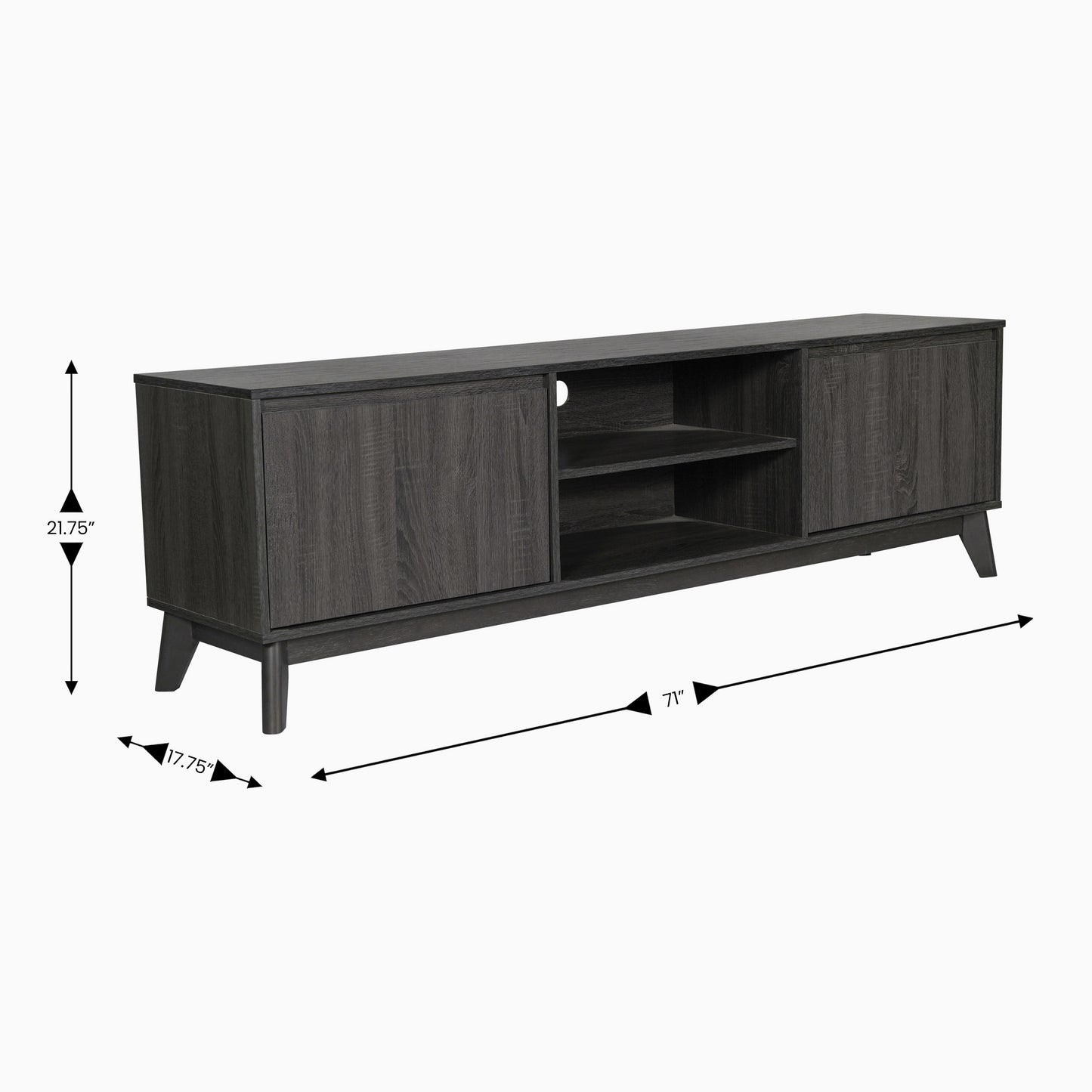 Hatfield Mid-Century Modern TV Stand in Black Wash for 65+ Inch TV's - 70 Inch Media Center with Adjustable Center Shelf and Dual Soft Close Doors