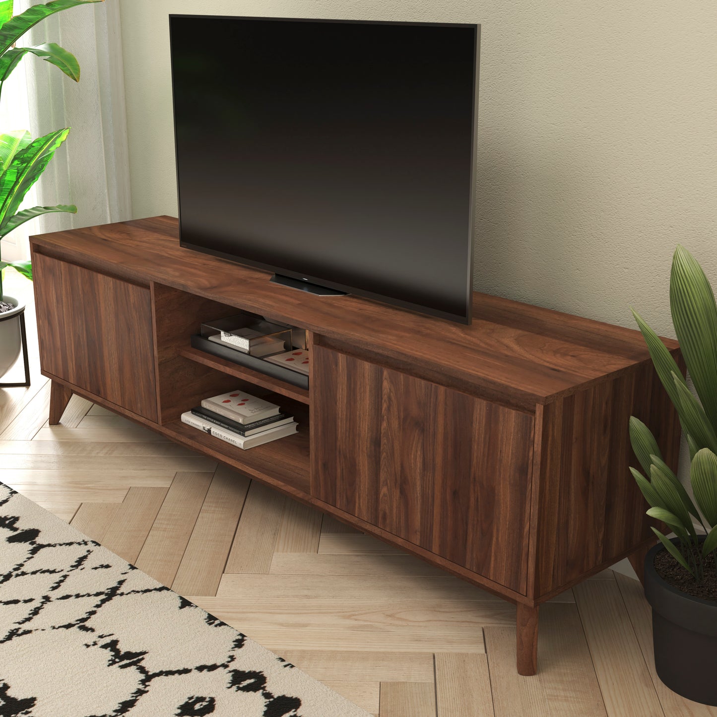 Hatfield Mid-Century Modern TV Stand in Walnut for 65+ Inch TV's - 70 Inch Media Center with Adjustable Center Shelf and Dual Soft Close Doors
