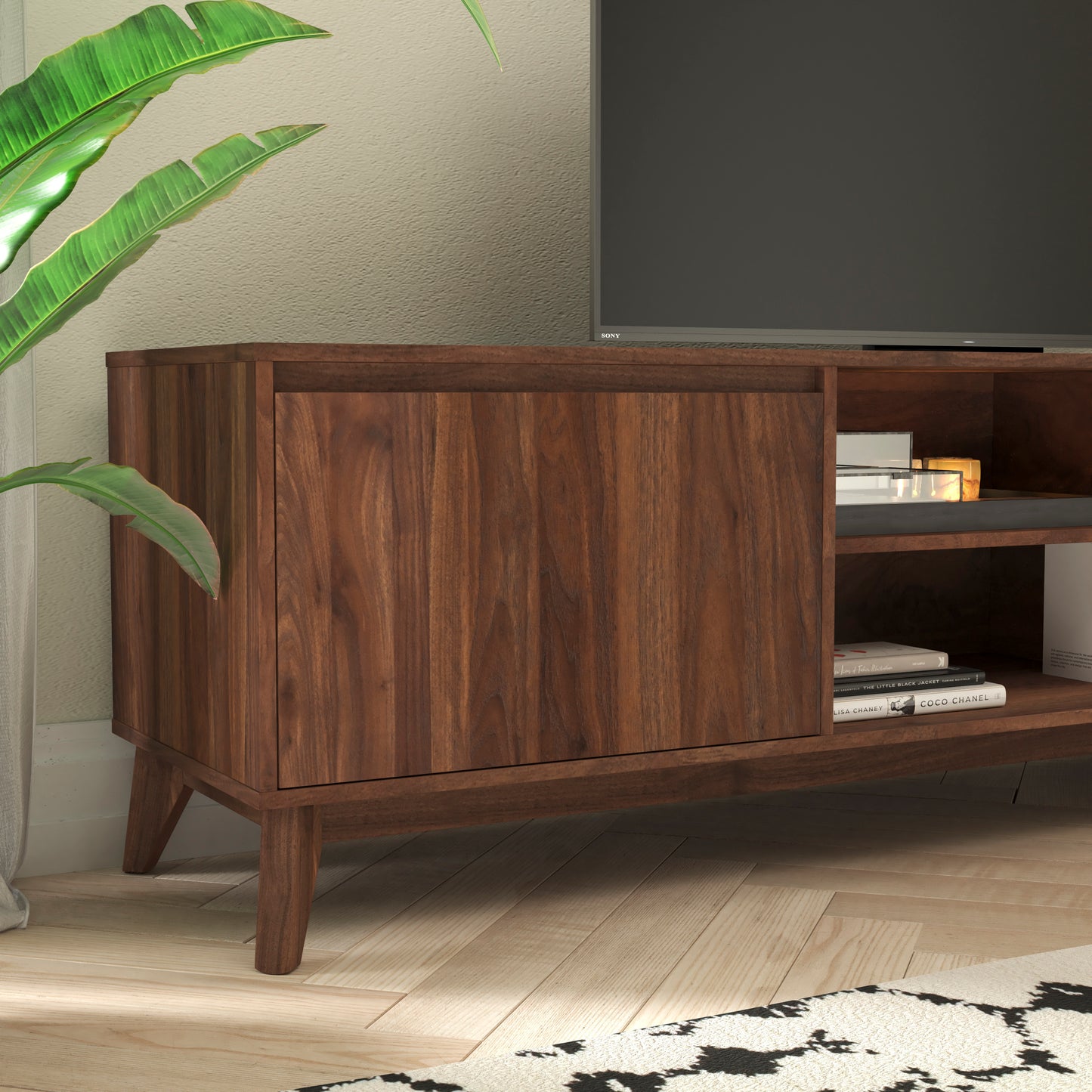 Hatfield Mid-Century Modern TV Stand in Walnut for 65+ Inch TV's - 70 Inch Media Center with Adjustable Center Shelf and Dual Soft Close Doors