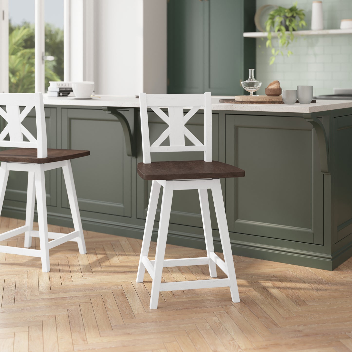 Gwendolyn Commercial Grade Solid Wood Modern Farmhouse Swivel Counter Height Barstool in Antique White Wash with Gray Wash Seat