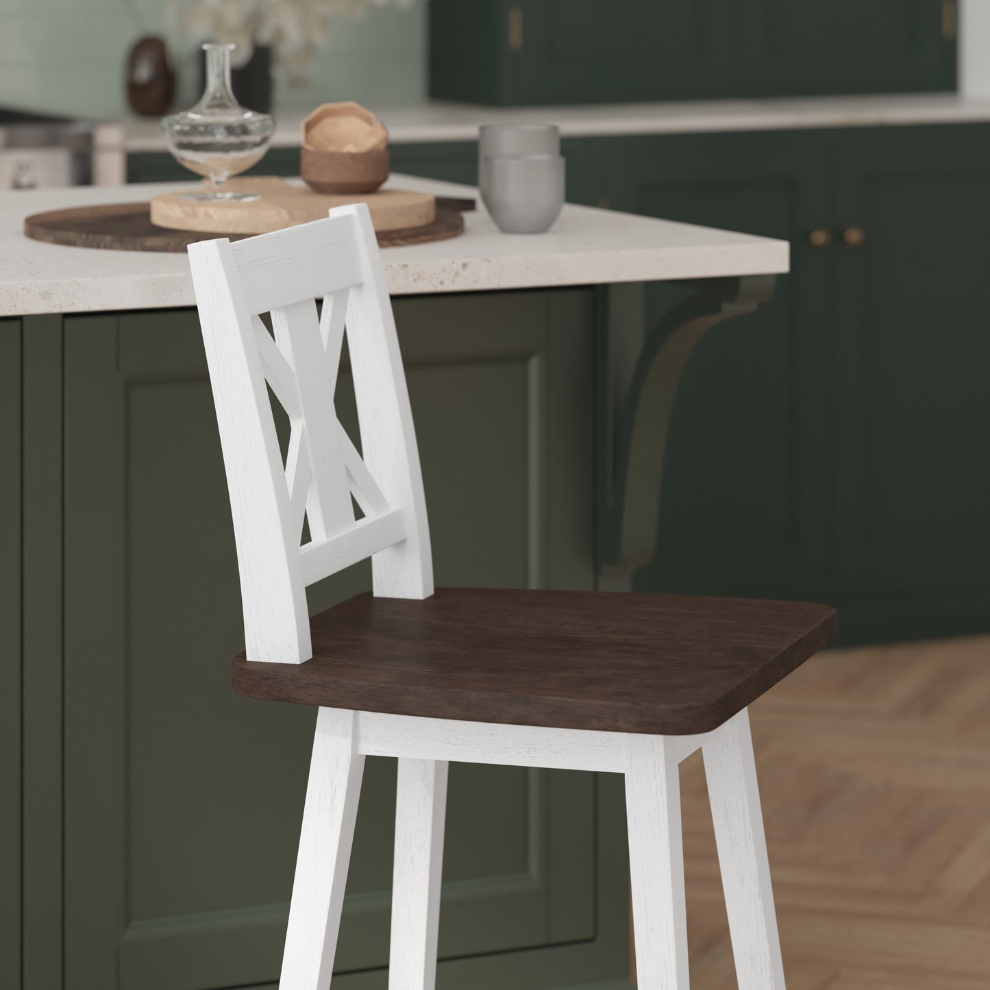 Gwendolyn Commercial Grade Solid Wood Modern Farmhouse Swivel Counter Height Barstool in Antique White Wash with Gray Wash Seat