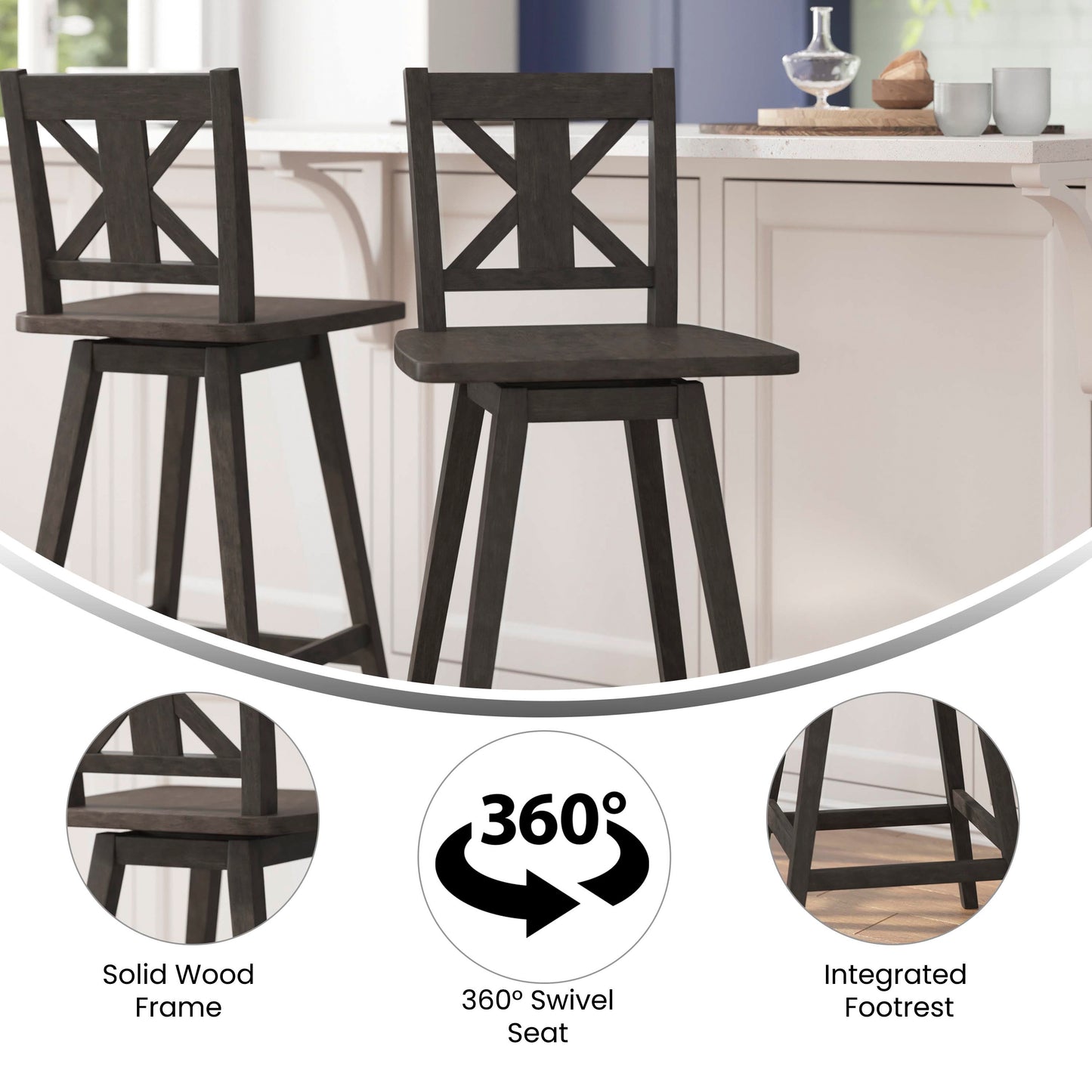 Gwendolyn Commercial Grade Solid Wood Modern Farmhouse Swivel Bar Height Barstool in Gray Wash Walnut