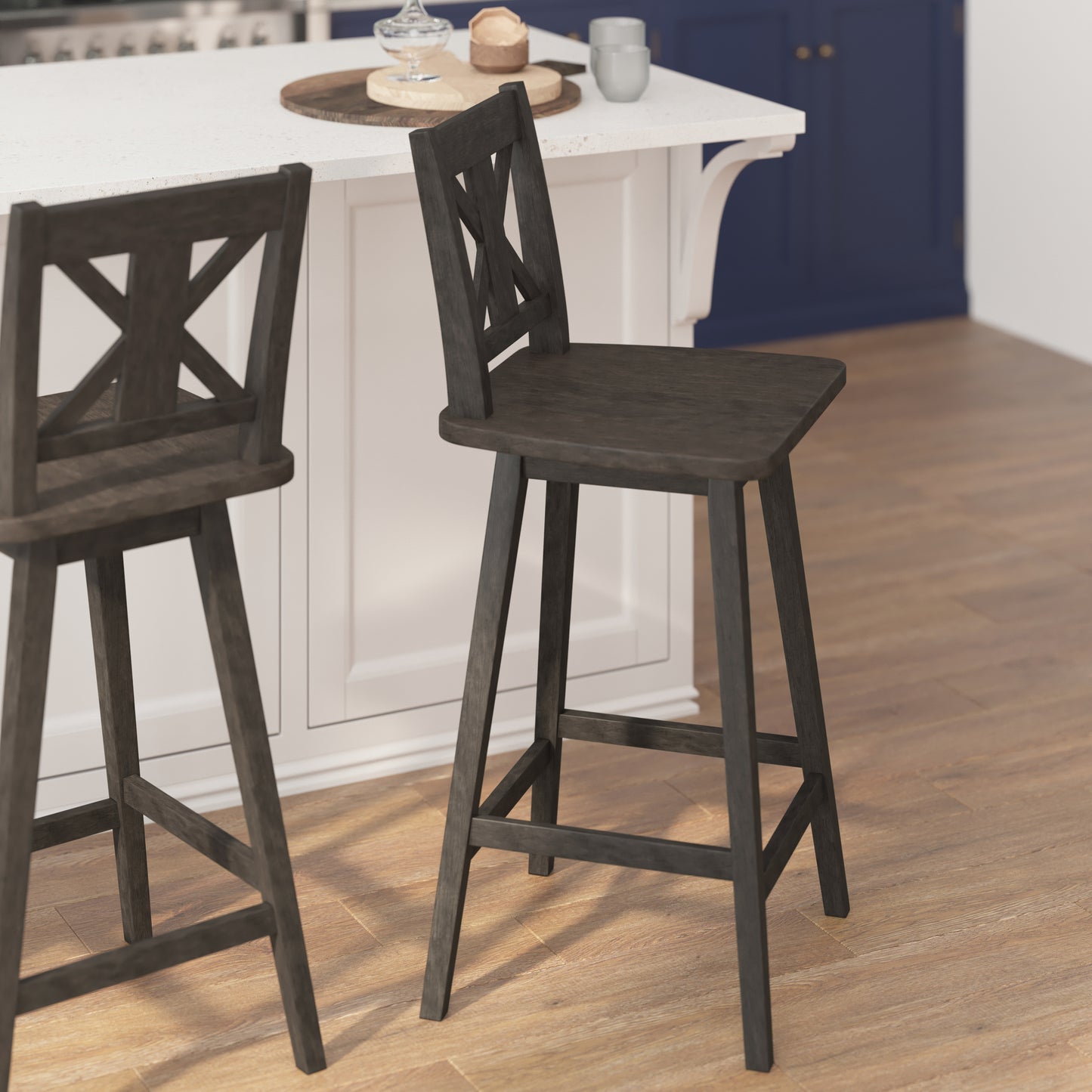 Gwendolyn Commercial Grade Solid Wood Modern Farmhouse Swivel Bar Height Barstool in Gray Wash Walnut